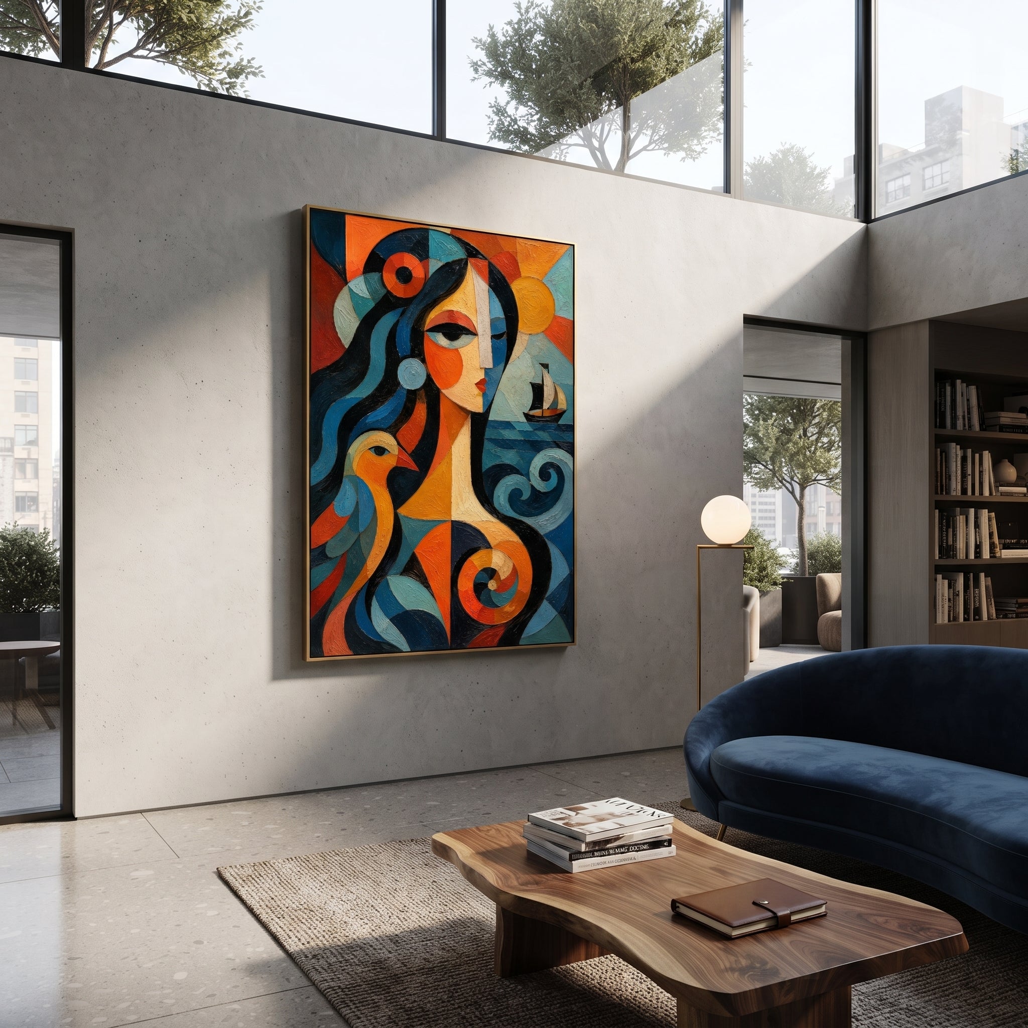 "Athena Watching The Black Sail" presents guidance as a calm face turned toward the voyage. The bird, boat, and spiral waves suggest wisdom watching over the route, while orange and blue geometry gives the goddess a vivid protective force for the homeward journey.
