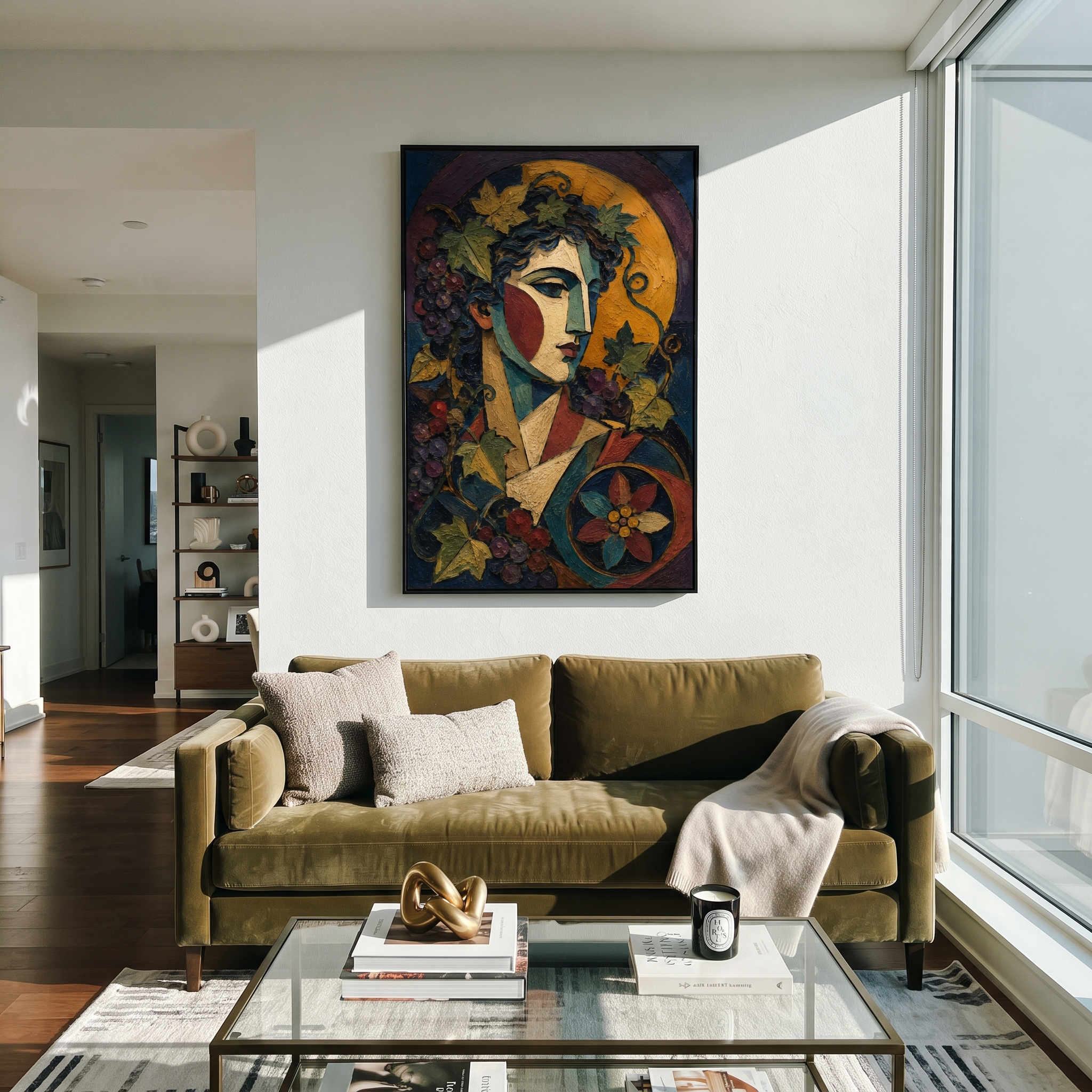 Grapes and ivy gather around a solemn face beneath a golden circle. The painting feels like a feast paused before departure, where abundance still carries the weight of prophecy.