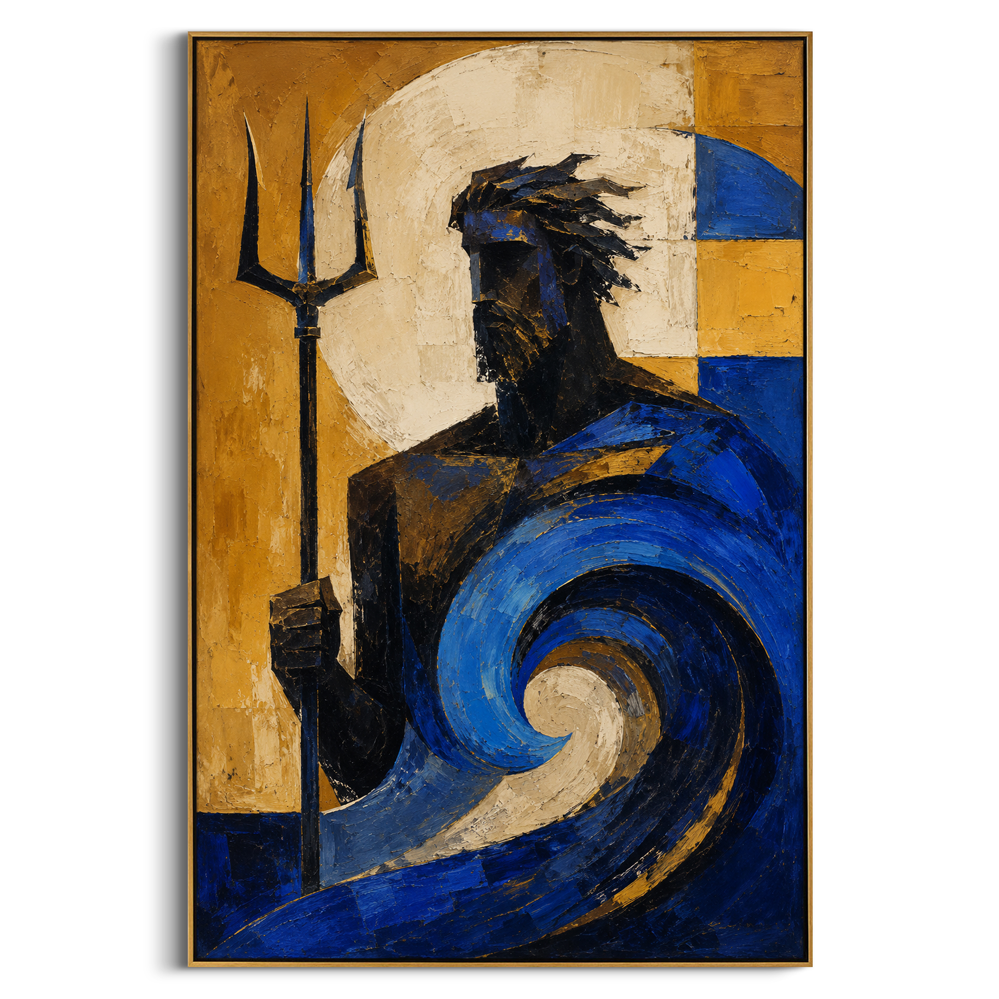 Poseidon stands beside his trident as a blue wave coils around him. The golden wall behind him turns the sea into a force of judgment, beautiful and impossible to command.