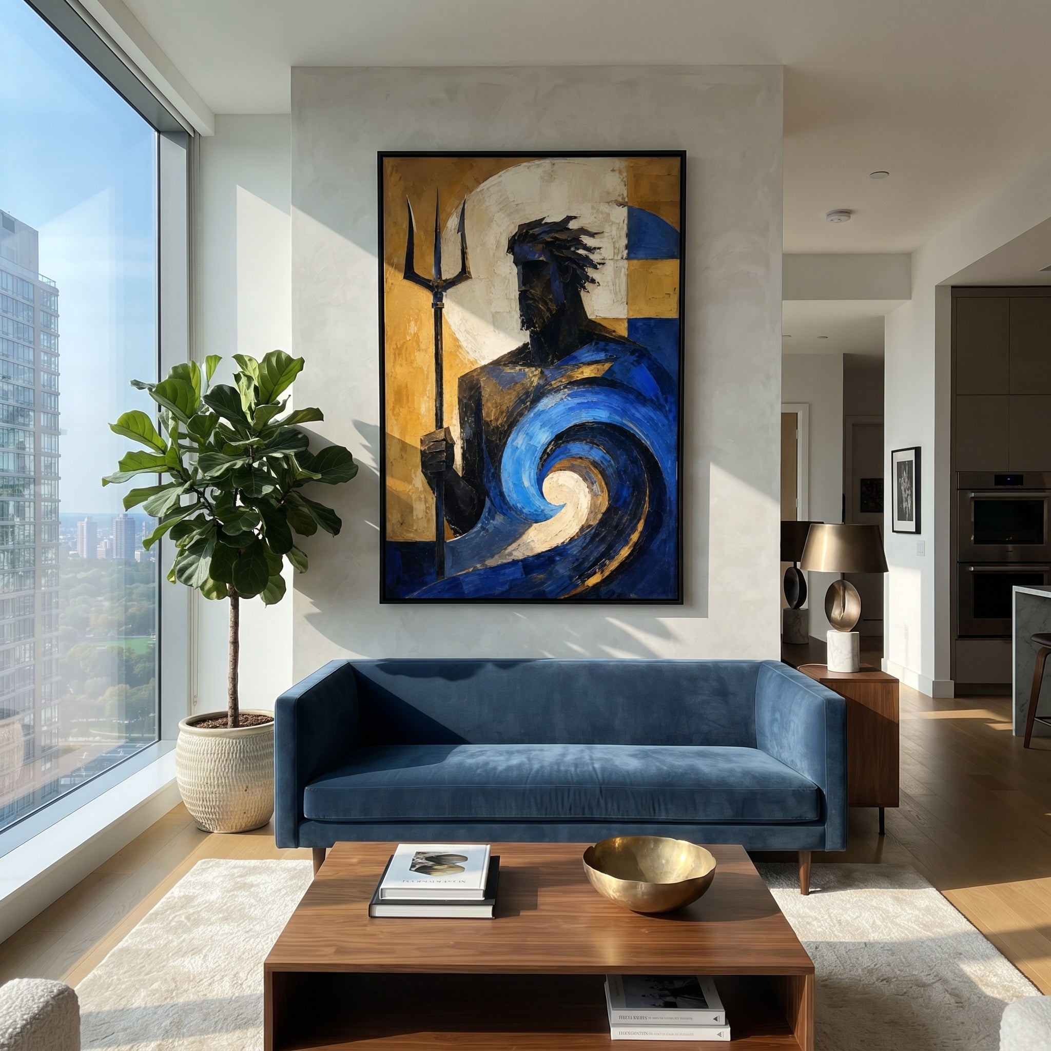 Poseidon stands beside his trident as a blue wave coils around him. The golden wall behind him turns the sea into a force of judgment, beautiful and impossible to command.