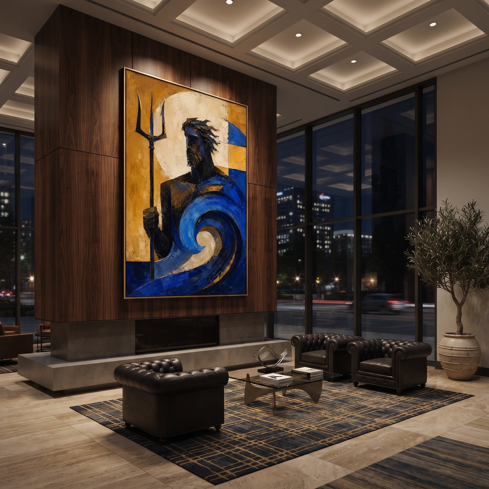 Poseidon stands beside his trident as a blue wave coils around him. The golden wall behind him turns the sea into a force of judgment, beautiful and impossible to command.