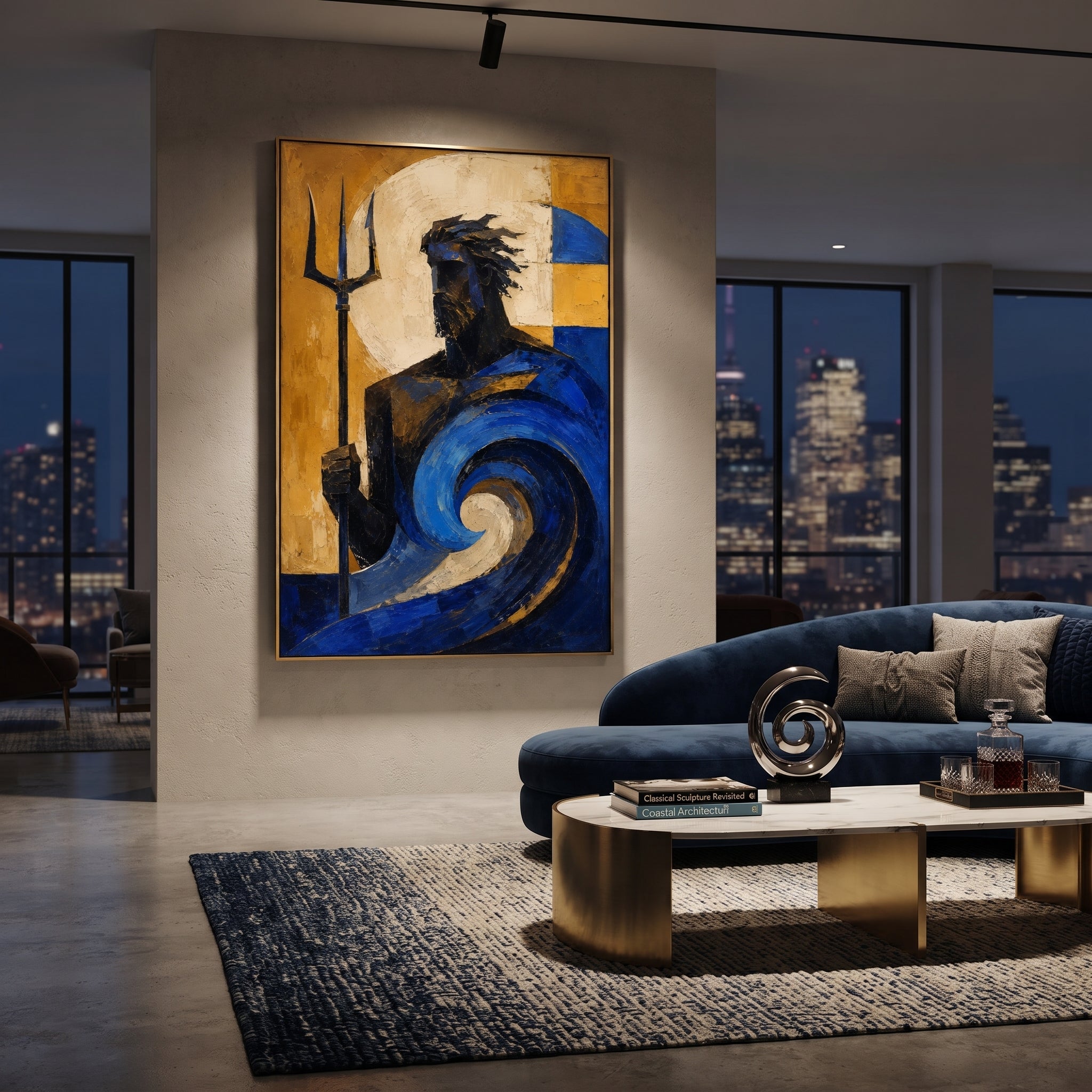 Poseidon stands beside his trident as a blue wave coils around him. The golden wall behind him turns the sea into a force of judgment, beautiful and impossible to command.