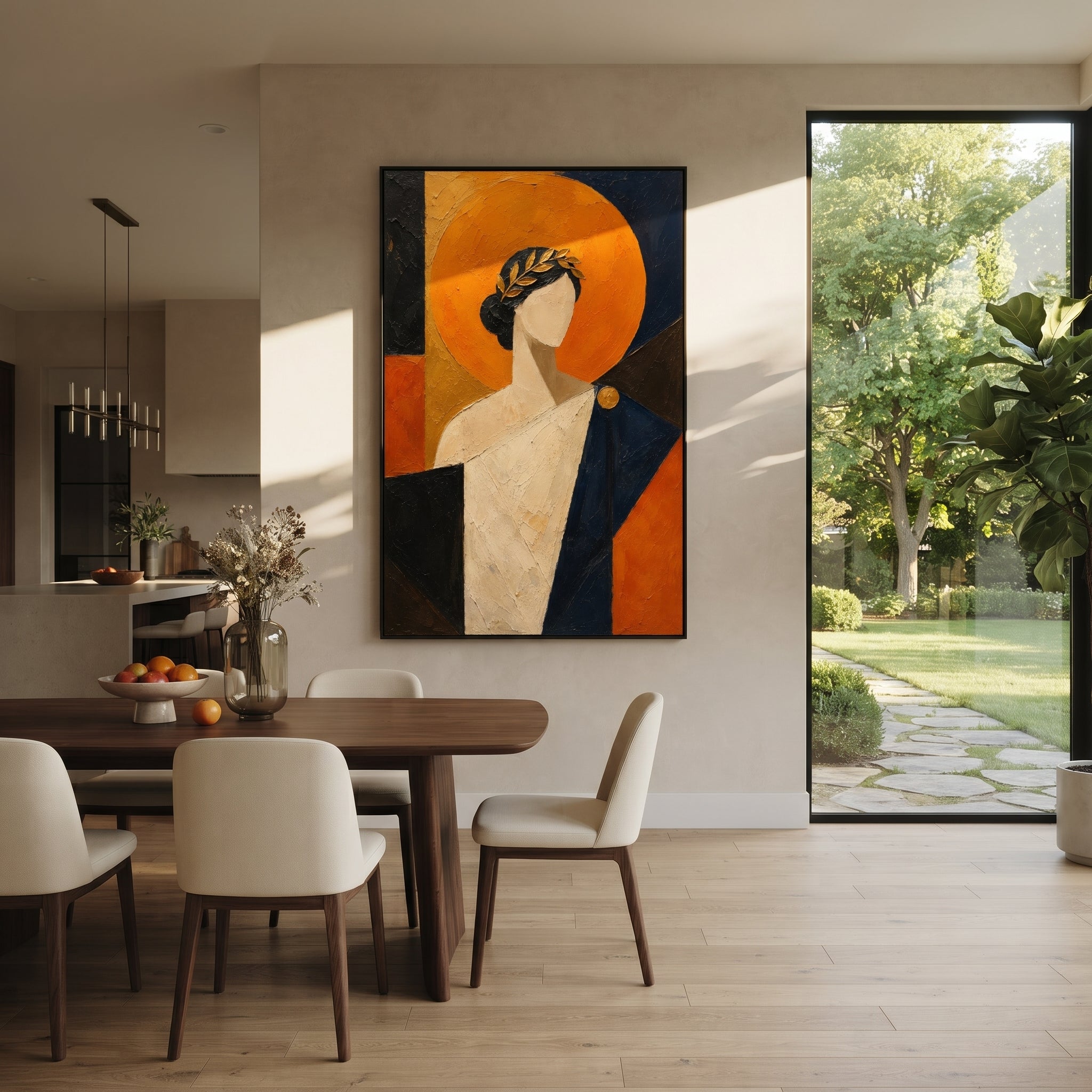 A quiet laureled figure stands before an orange sun like a verdict. The bare face keeps the myth open, turning the portrait into a memory of honor, exile, and return.
