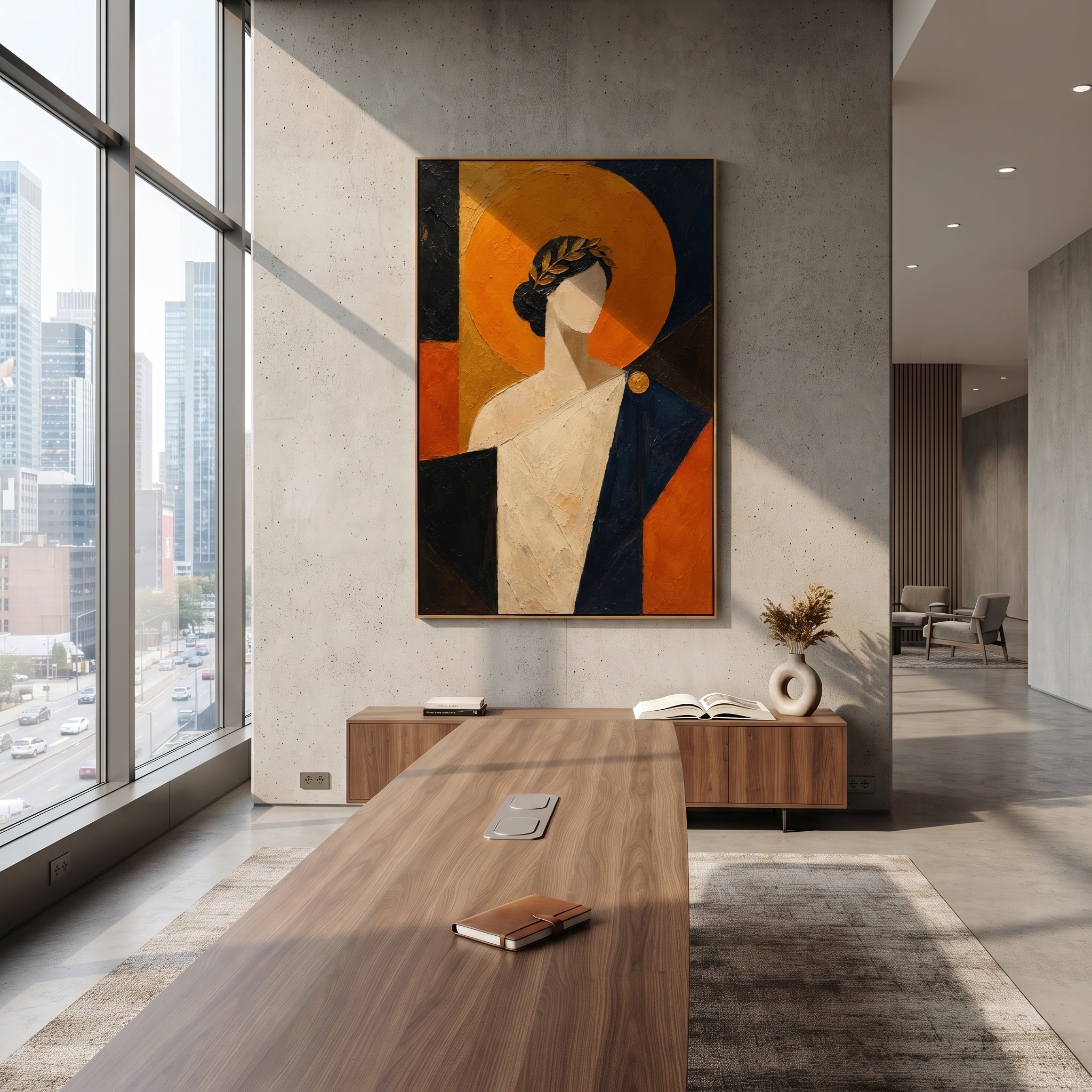 A quiet laureled figure stands before an orange sun like a verdict. The bare face keeps the myth open, turning the portrait into a memory of honor, exile, and return.