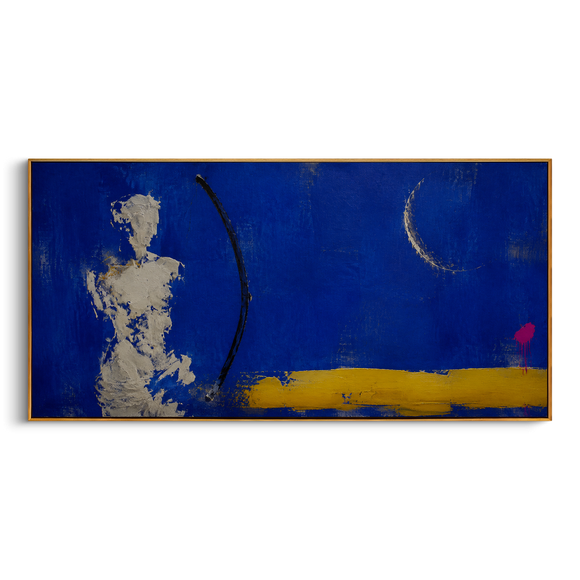 A solitary archer waits beneath a crescent in a field of deep blue. The thin bow and low yellow ground make the scene feel like a vow held through the long night.