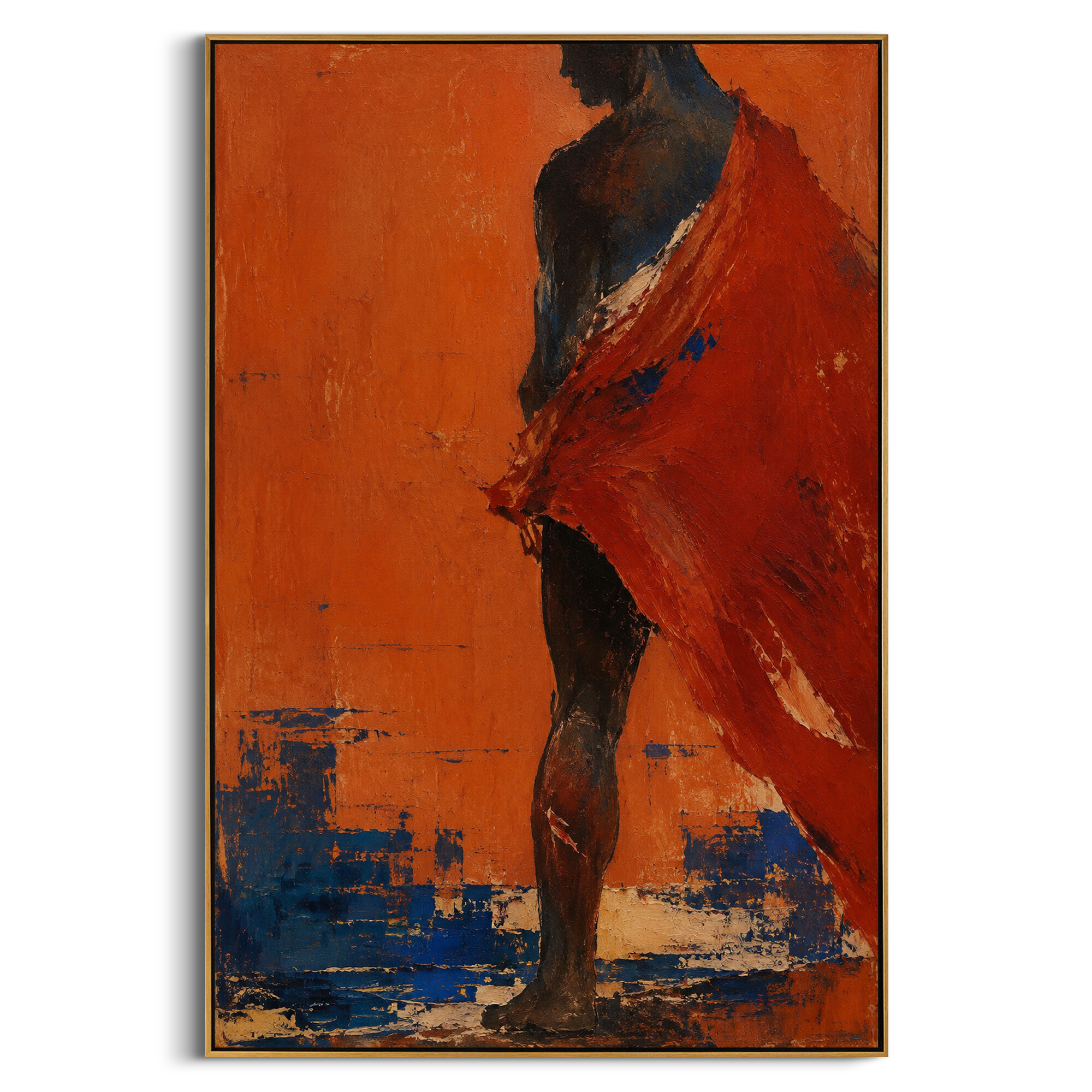 A red cloak whips across a dark body as if caught by wind from the sea. The spare orange field turns the figure into a traveler stepping through heat, pride, and danger.