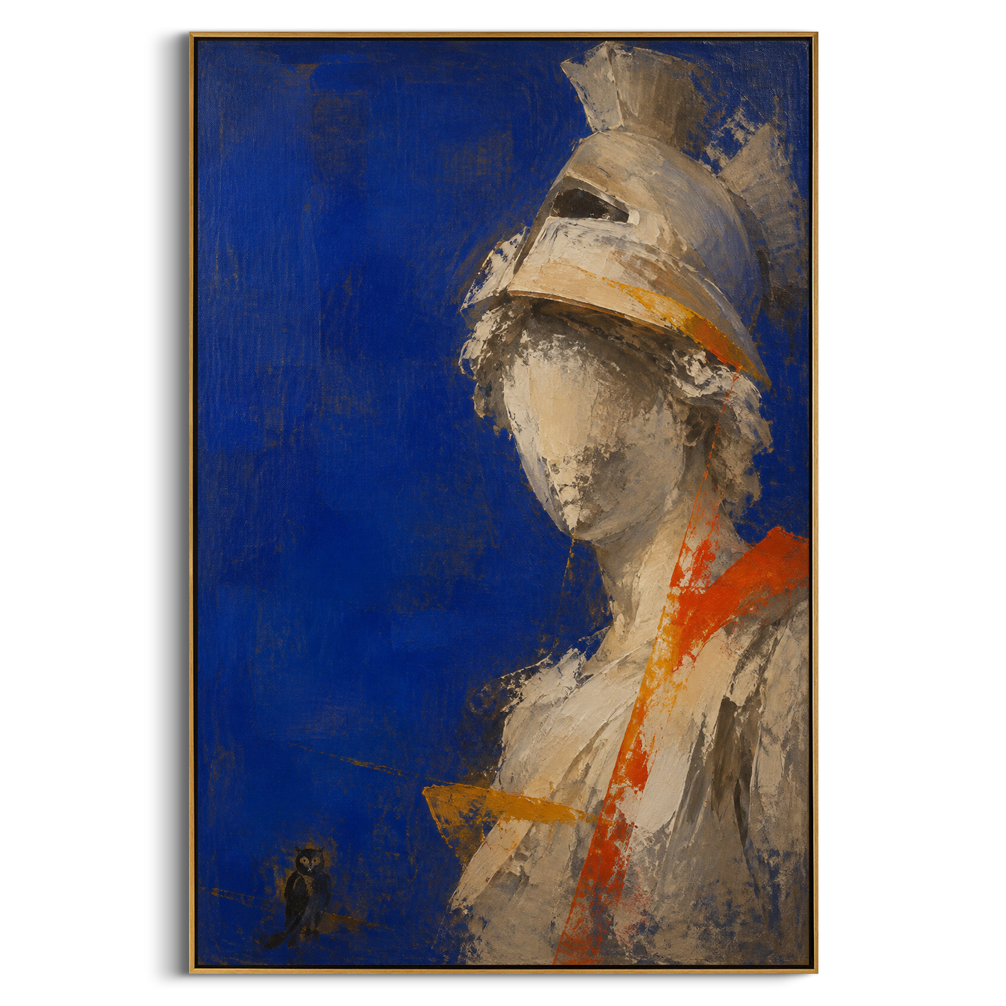 A helmeted figure turns from the blue field while a small owl keeps watch below. The image carries Athena's cool intelligence, half armor and half omen, guarding the path home.