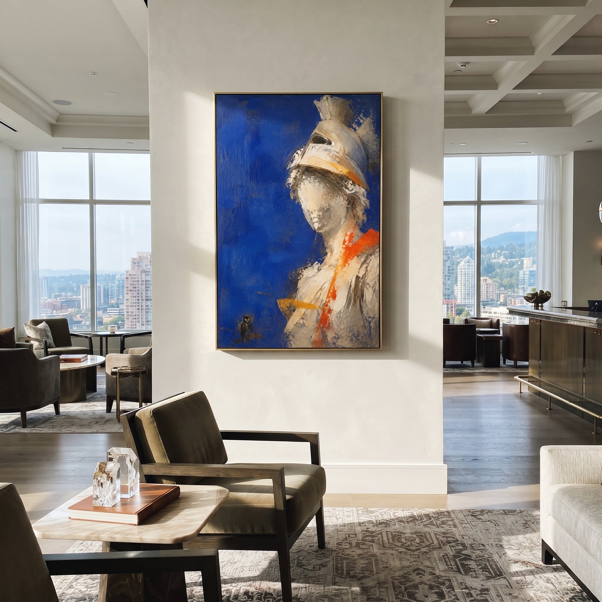 A helmeted figure turns from the blue field while a small owl keeps watch below. The image carries Athena's cool intelligence, half armor and half omen, guarding the path home.