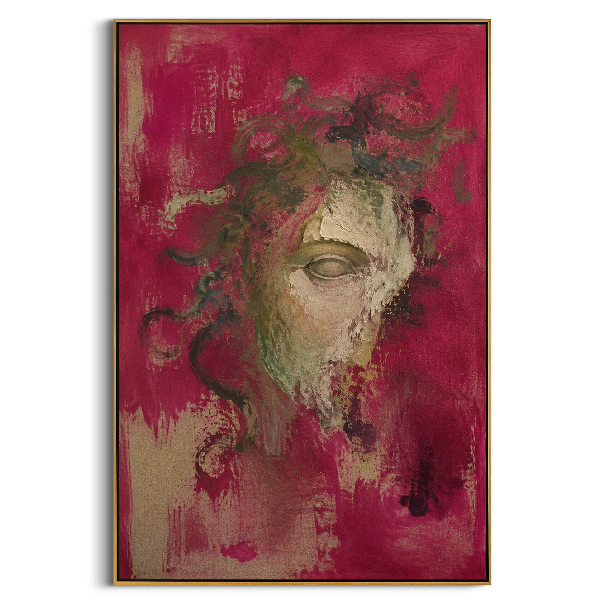 A broken mask emerges from rose color while green serpent lines drift around it. The image suggests Medusa after the myth has faded, still powerful in fragments and silence.