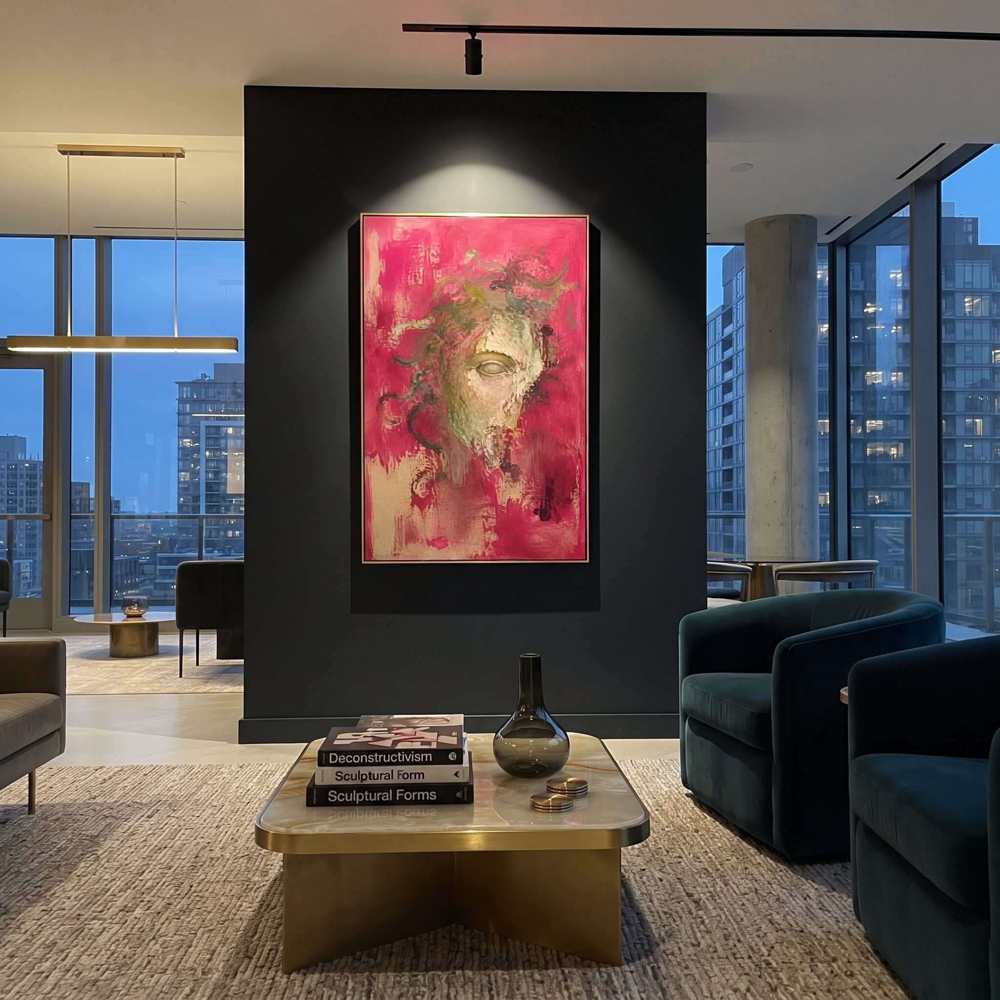 A broken mask emerges from rose color while green serpent lines drift around it. The image suggests Medusa after the myth has faded, still powerful in fragments and silence.