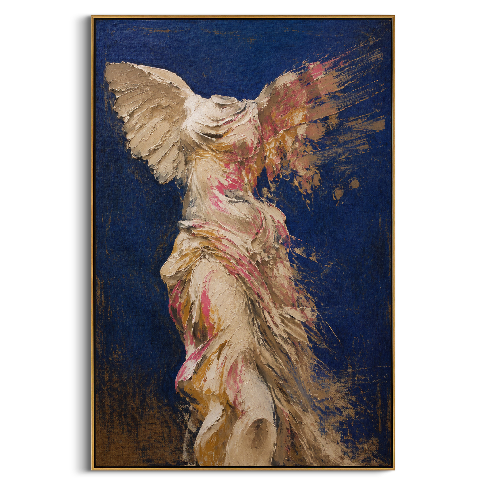 A winged figure rises from heavy paint as if victory has just stepped out of the storm. The blue ground makes the pale body feel both ancient and newly alive.