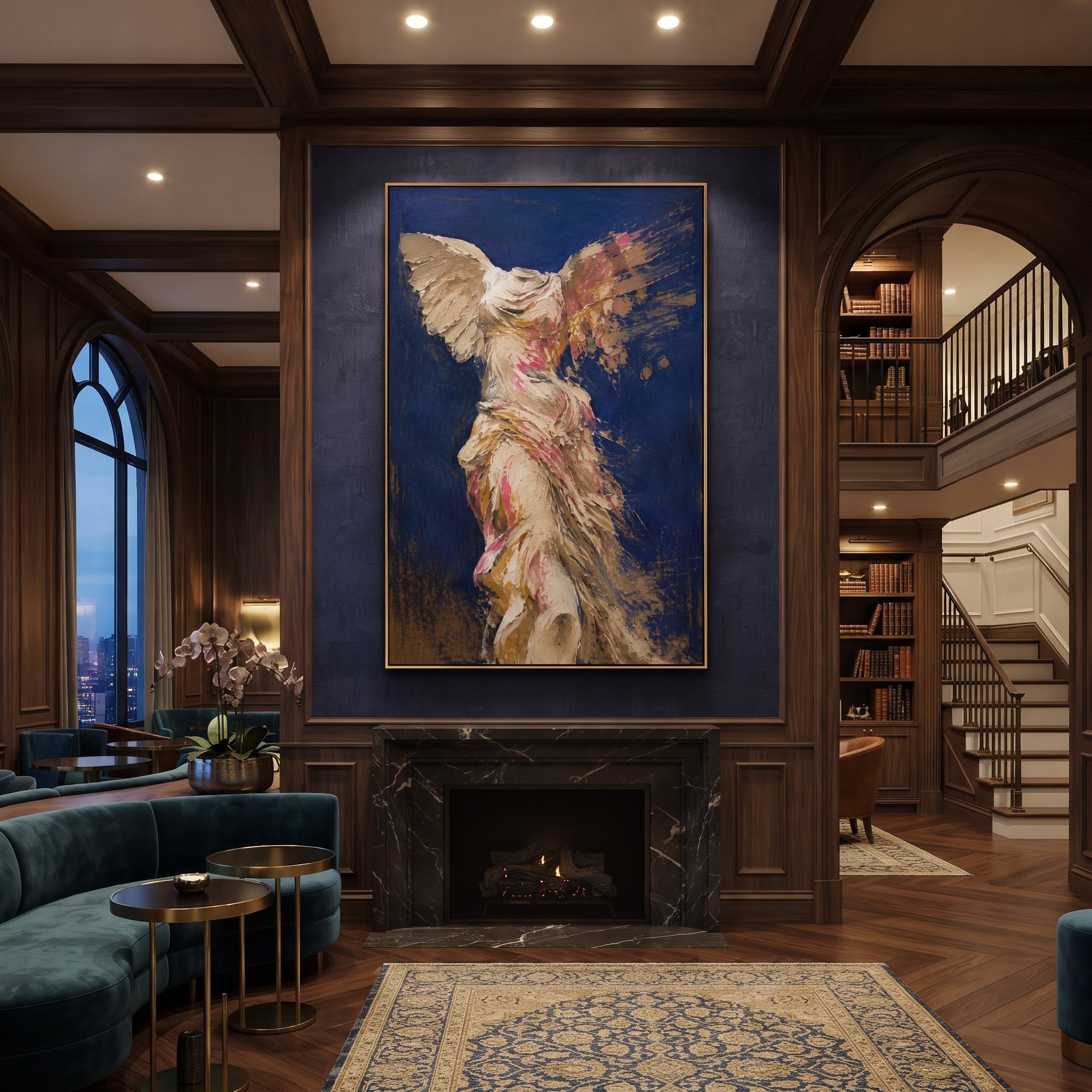 A winged figure rises from heavy paint as if victory has just stepped out of the storm. The blue ground makes the pale body feel both ancient and newly alive.