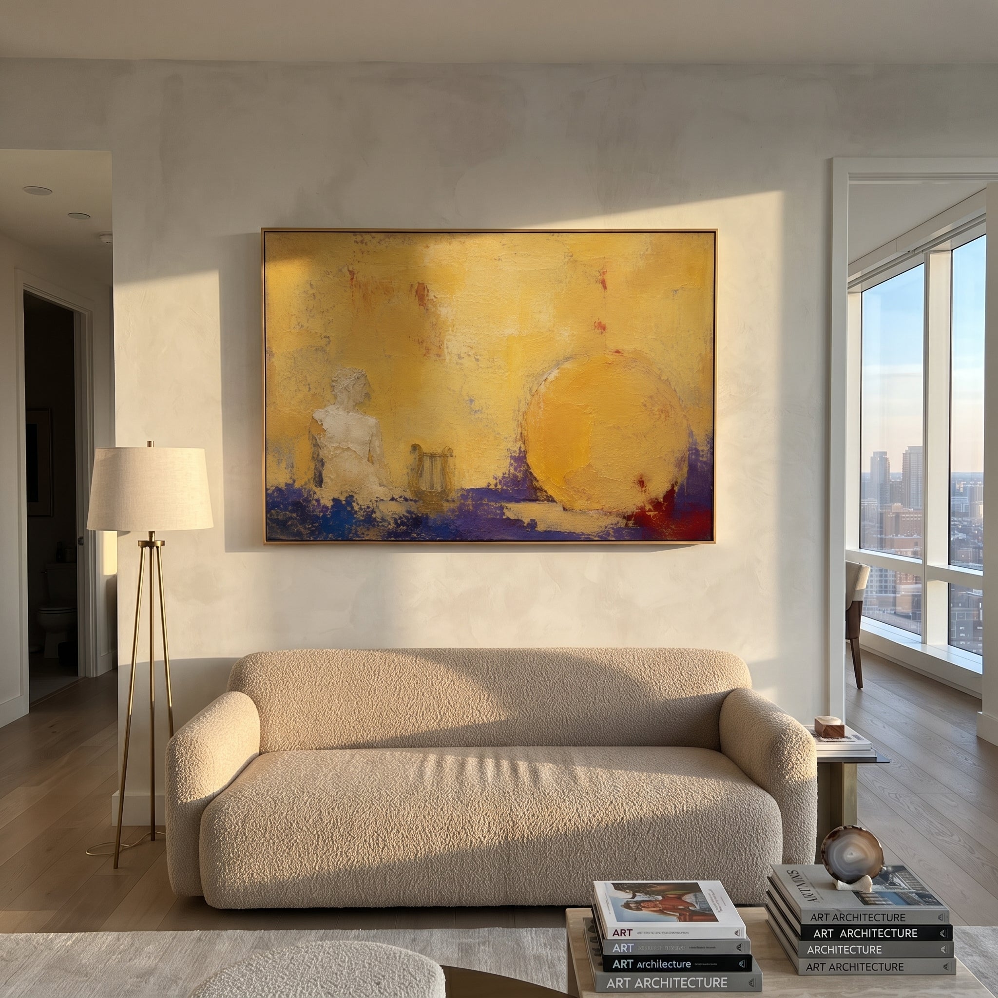 A pale figure waits beside a lyre while a great golden sun fills the wall. The painting turns Apollo's music into heat and stillness, a pause before the next sea road opens.