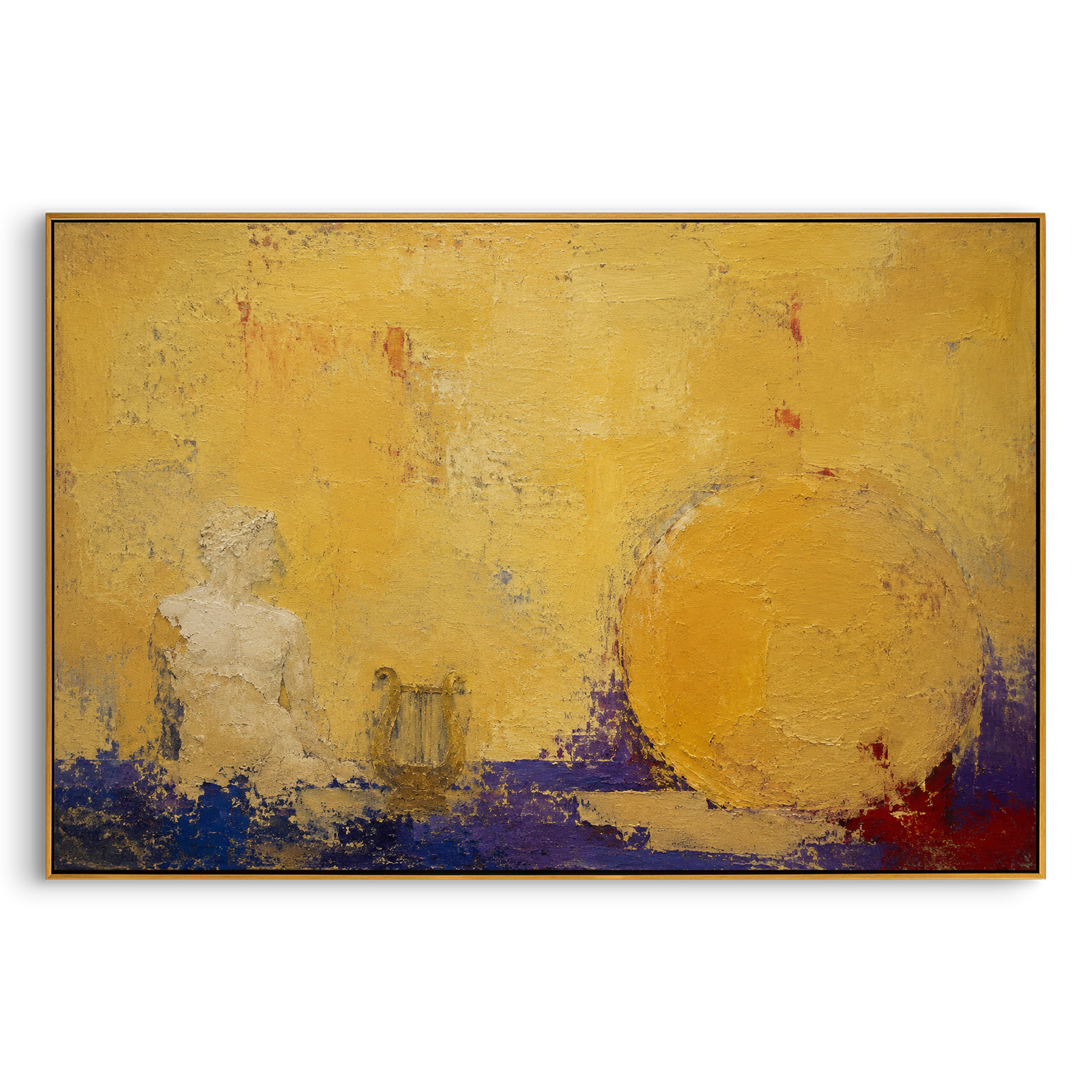 A pale figure waits beside a lyre while a great golden sun fills the wall. The painting turns Apollo's music into heat and stillness, a pause before the next sea road opens.
