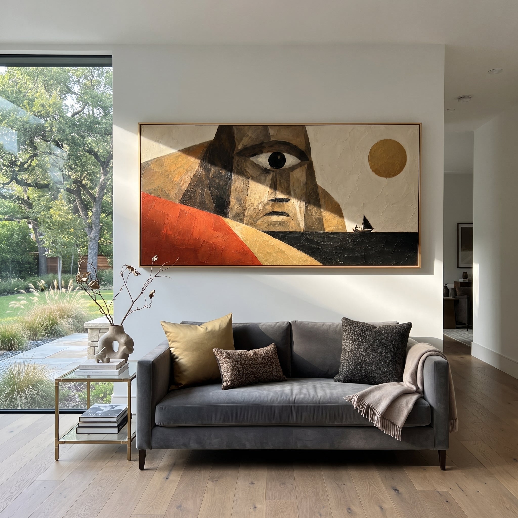 A spear cuts through the space between broken shields. The painting turns battle into aftermath, where bronze, shadow, and one red line hold the entire story.