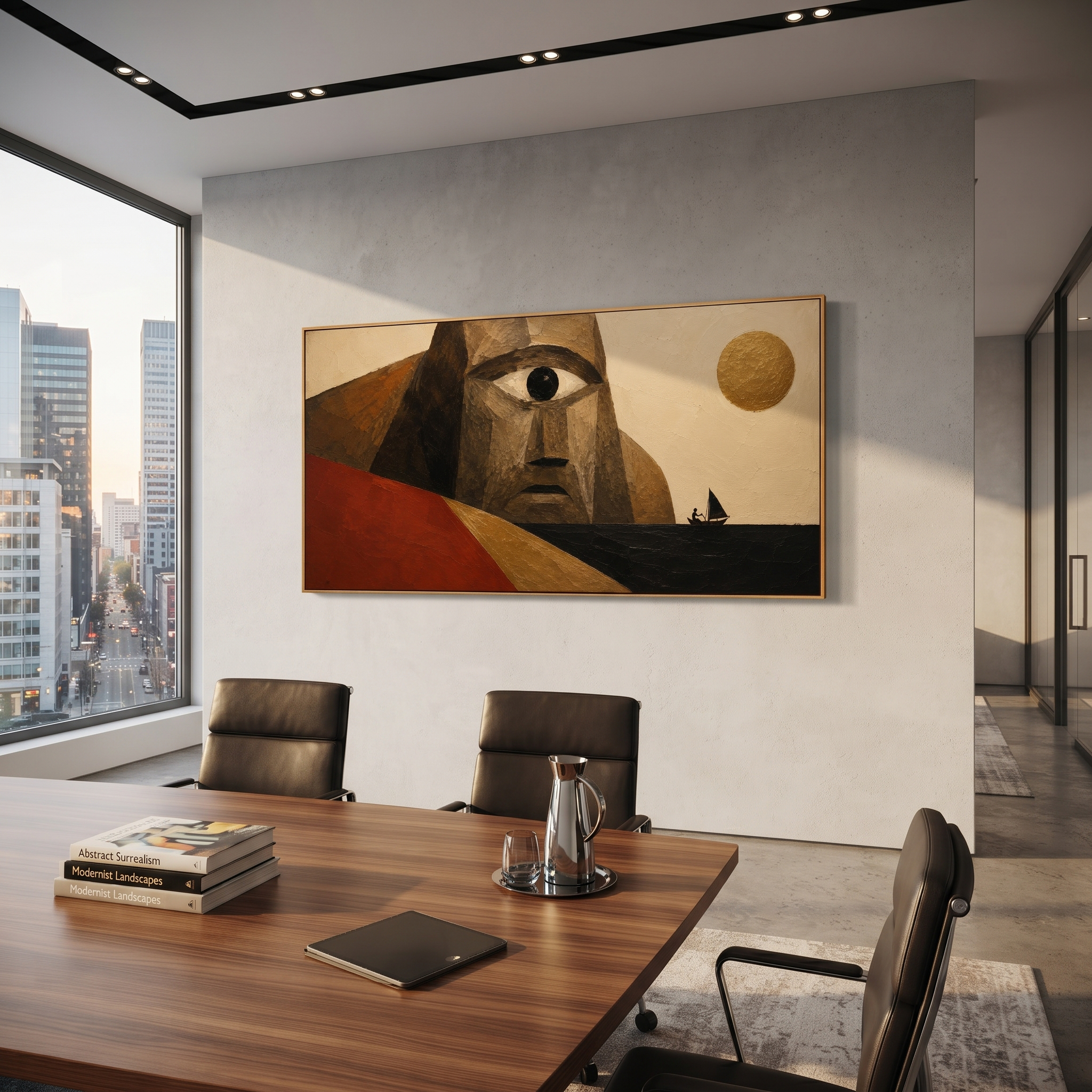 A spear cuts through the space between broken shields. The painting turns battle into aftermath, where bronze, shadow, and one red line hold the entire story.