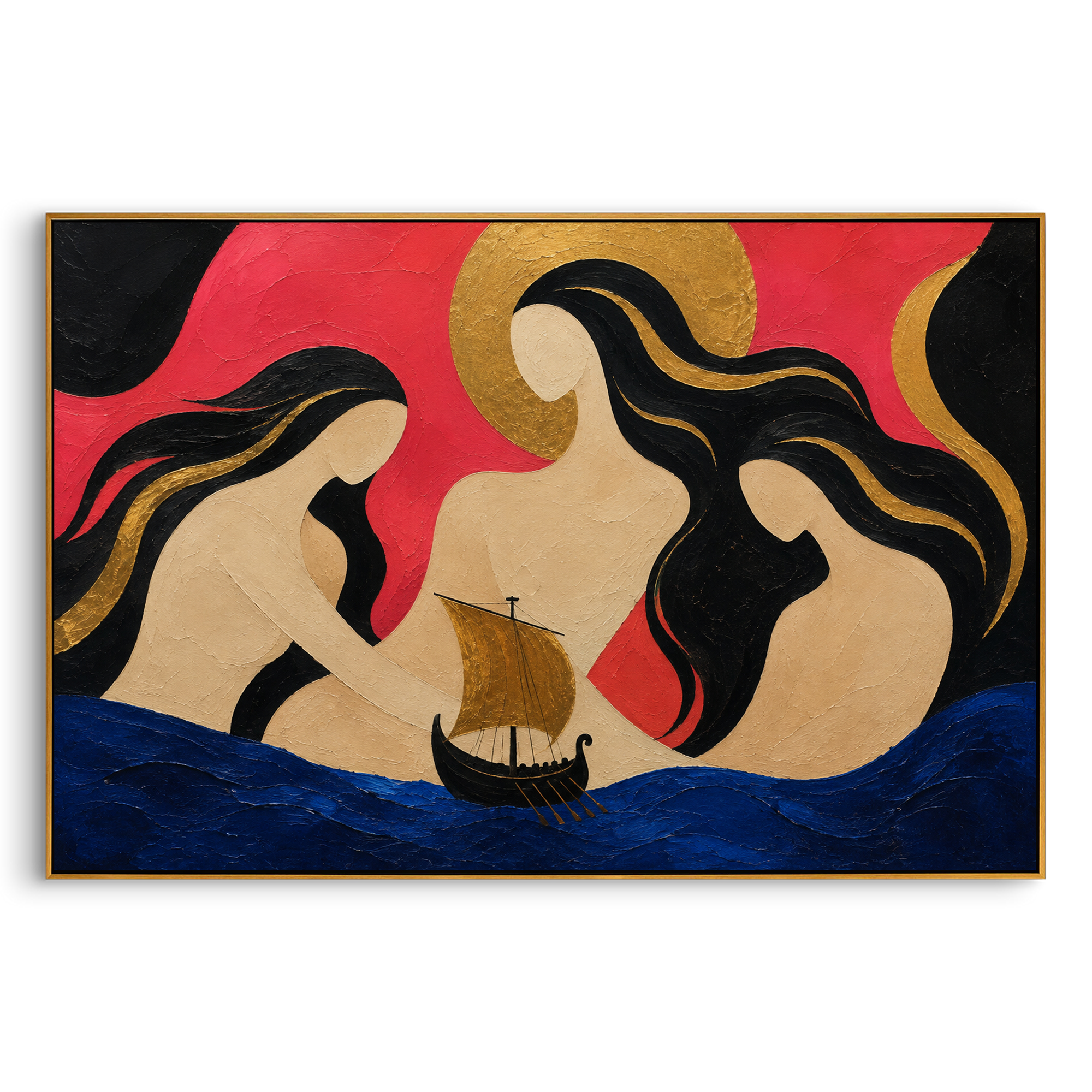 Three sirens bend around a black ship as if the sea itself has become a song. Their hair and halos pull the voyage forward with beauty that feels dangerous.