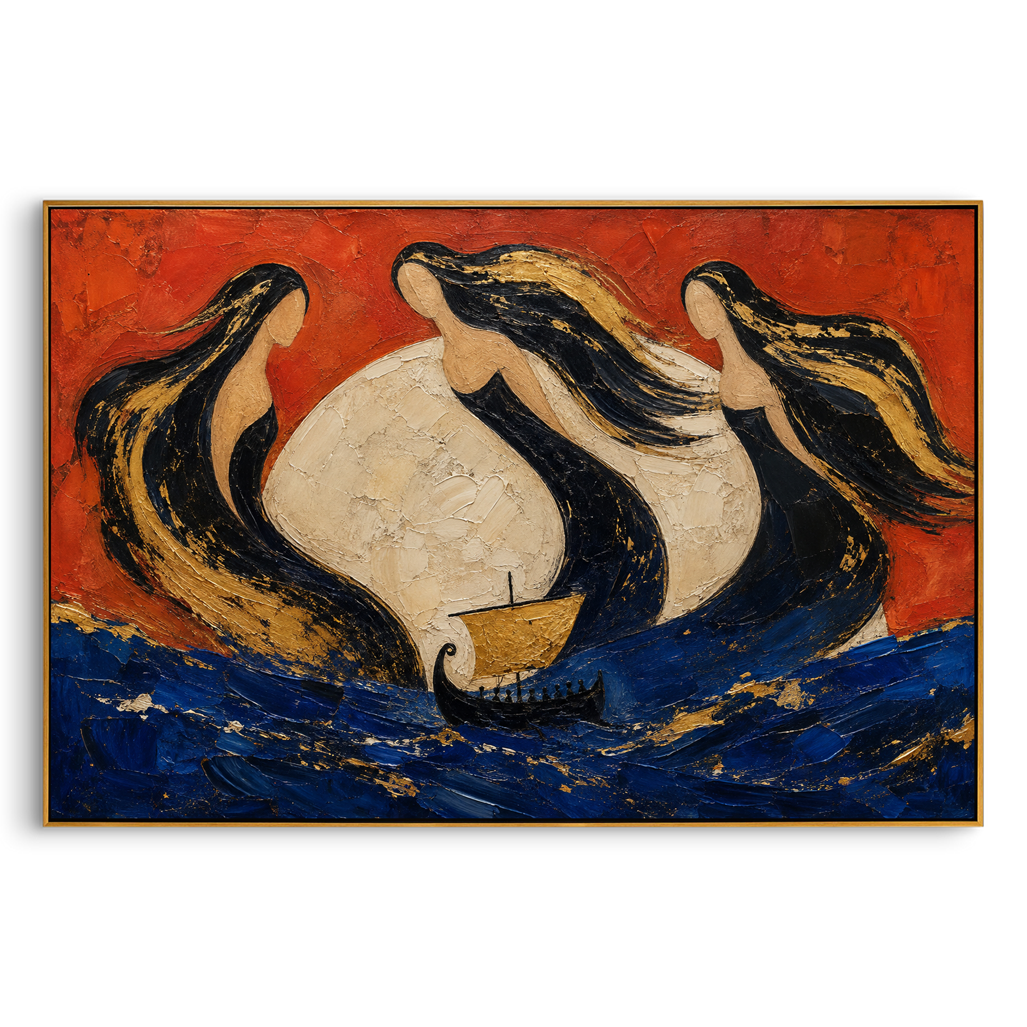 The sirens gather around a white moon of light while a small ship pushes through blue water. The red sky makes their song feel warm, beautiful, and dangerous.