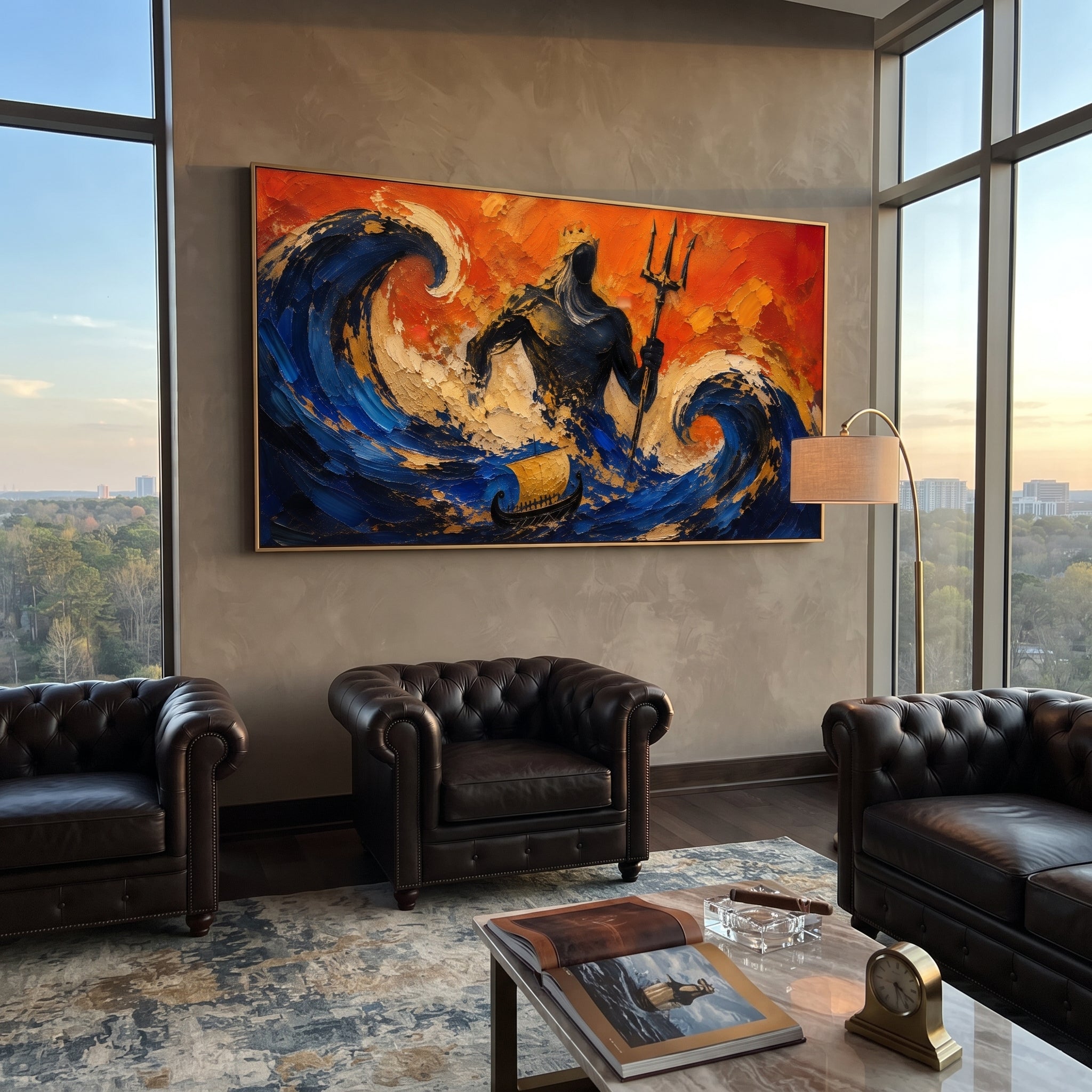 Poseidon rises inside a storm of blue waves while the ship below seems almost swallowed. The orange sky makes the sea feel angry, theatrical, and alive.