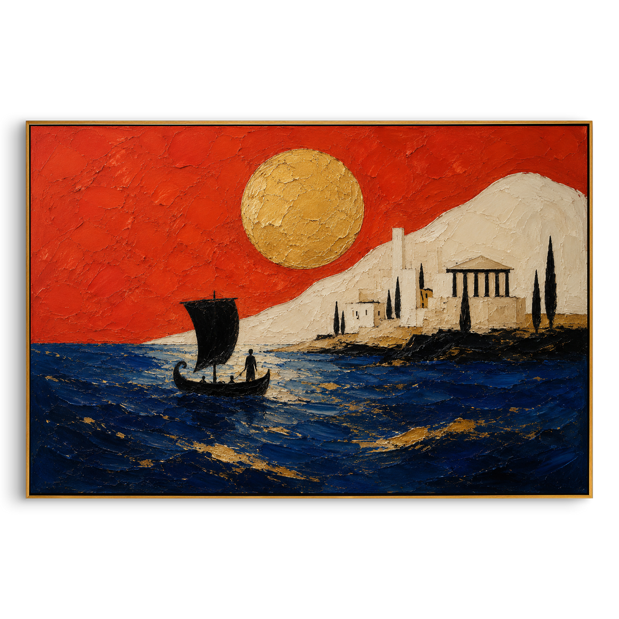 A black sail approaches a white island city under a red sky. The golden sun reads like a long-awaited sign, turning arrival into something both peaceful and fated.