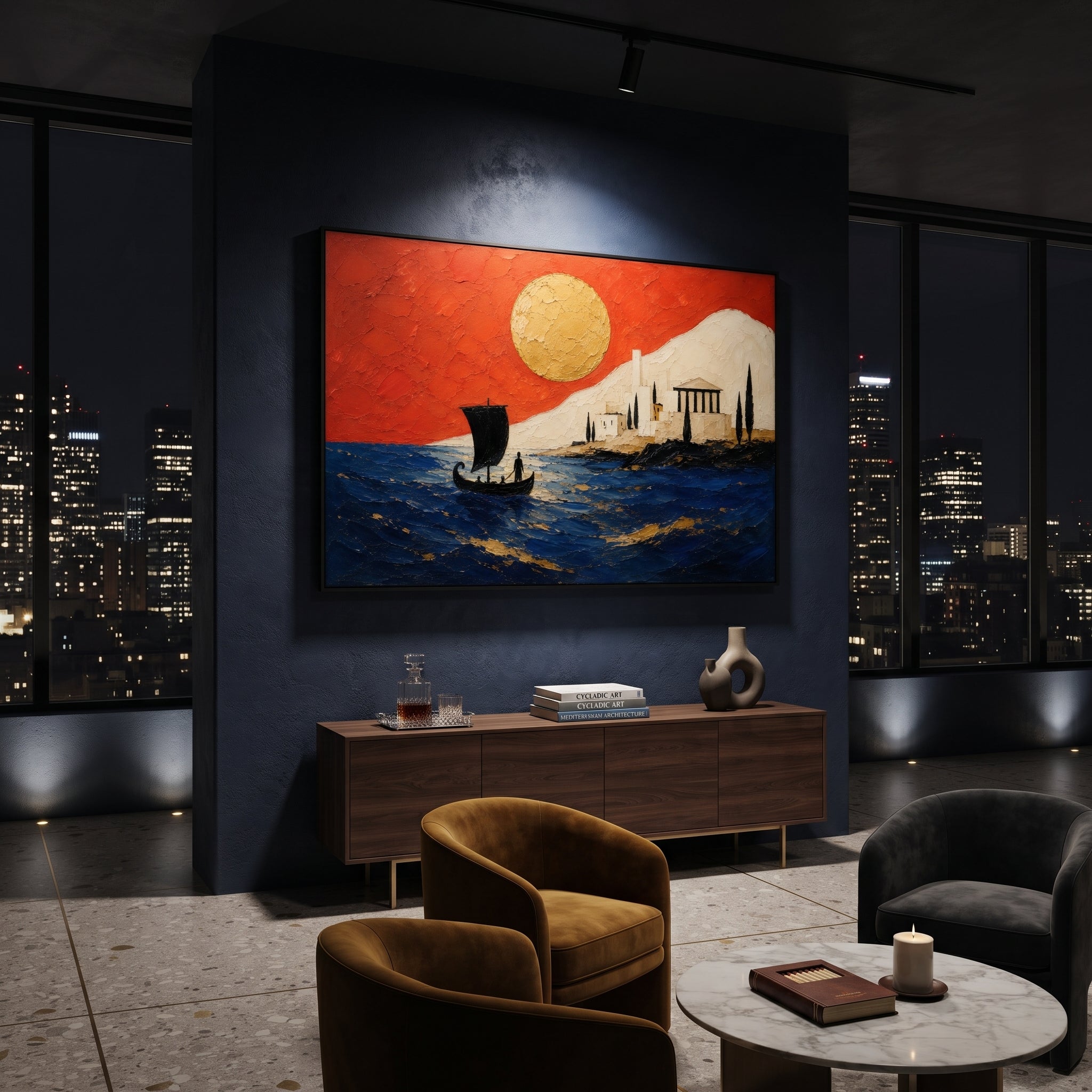 A black sail approaches a white island city under a red sky. The golden sun reads like a long-awaited sign, turning arrival into something both peaceful and fated.