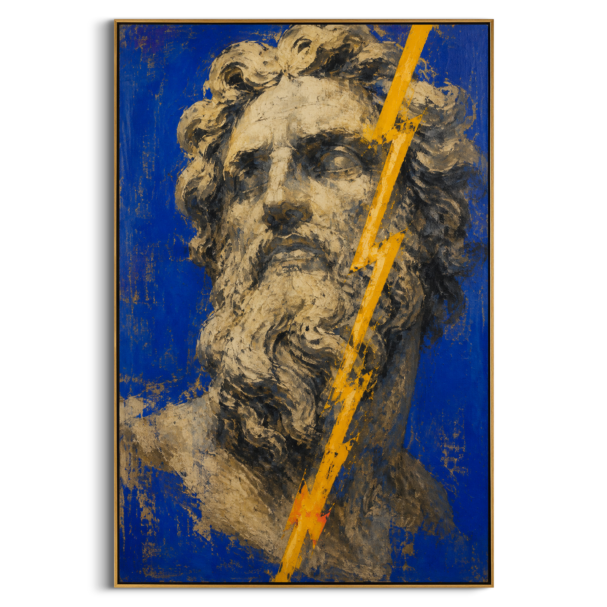 Zeus stares out from a field of blue as lightning cuts across his face. The image carries command without motion, as if divine anger has become stone and light.
