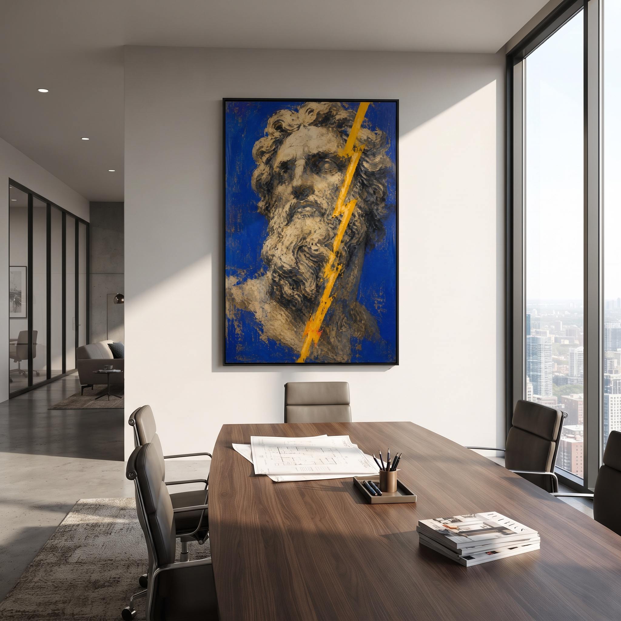 Zeus stares out from a field of blue as lightning cuts across his face. The image carries command without motion, as if divine anger has become stone and light.