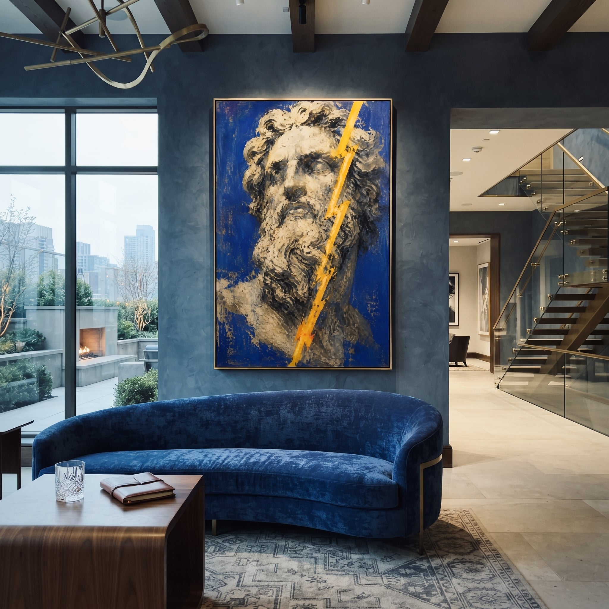 Zeus stares out from a field of blue as lightning cuts across his face. The image carries command without motion, as if divine anger has become stone and light.