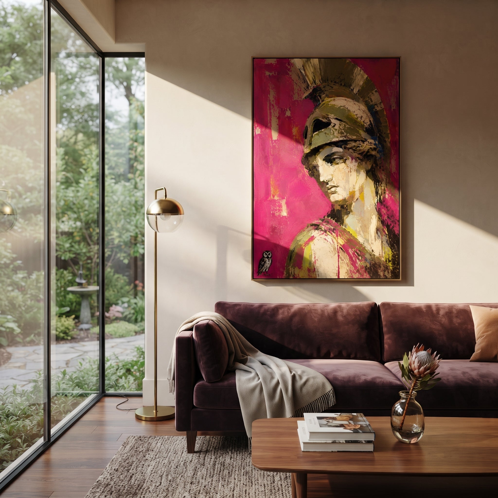 Athena turns from a bright rose field while the owl below holds the quiet intelligence of the scene. The portrait feels watchful, ceremonial, and unexpectedly intimate.