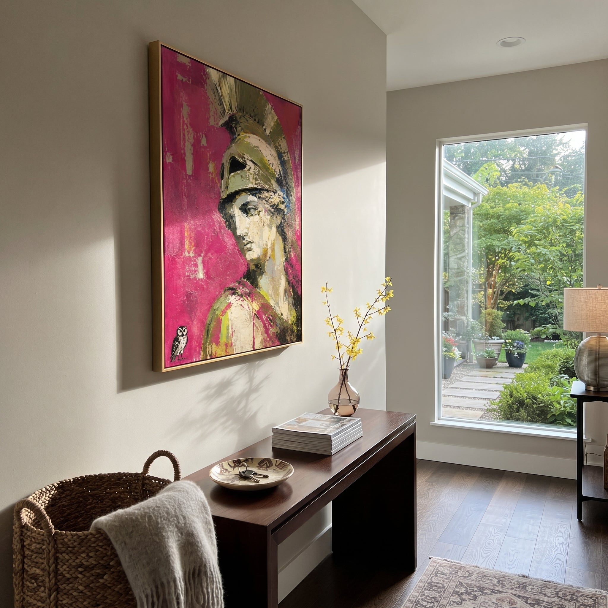 Athena turns from a bright rose field while the owl below holds the quiet intelligence of the scene. The portrait feels watchful, ceremonial, and unexpectedly intimate.