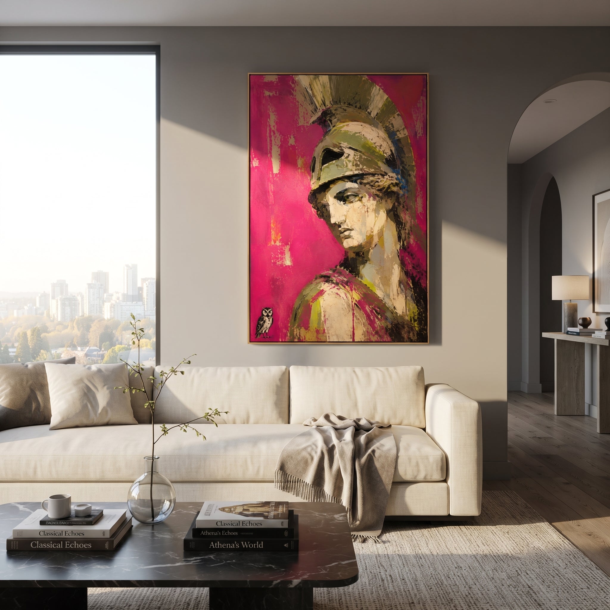 Athena turns from a bright rose field while the owl below holds the quiet intelligence of the scene. The portrait feels watchful, ceremonial, and unexpectedly intimate.