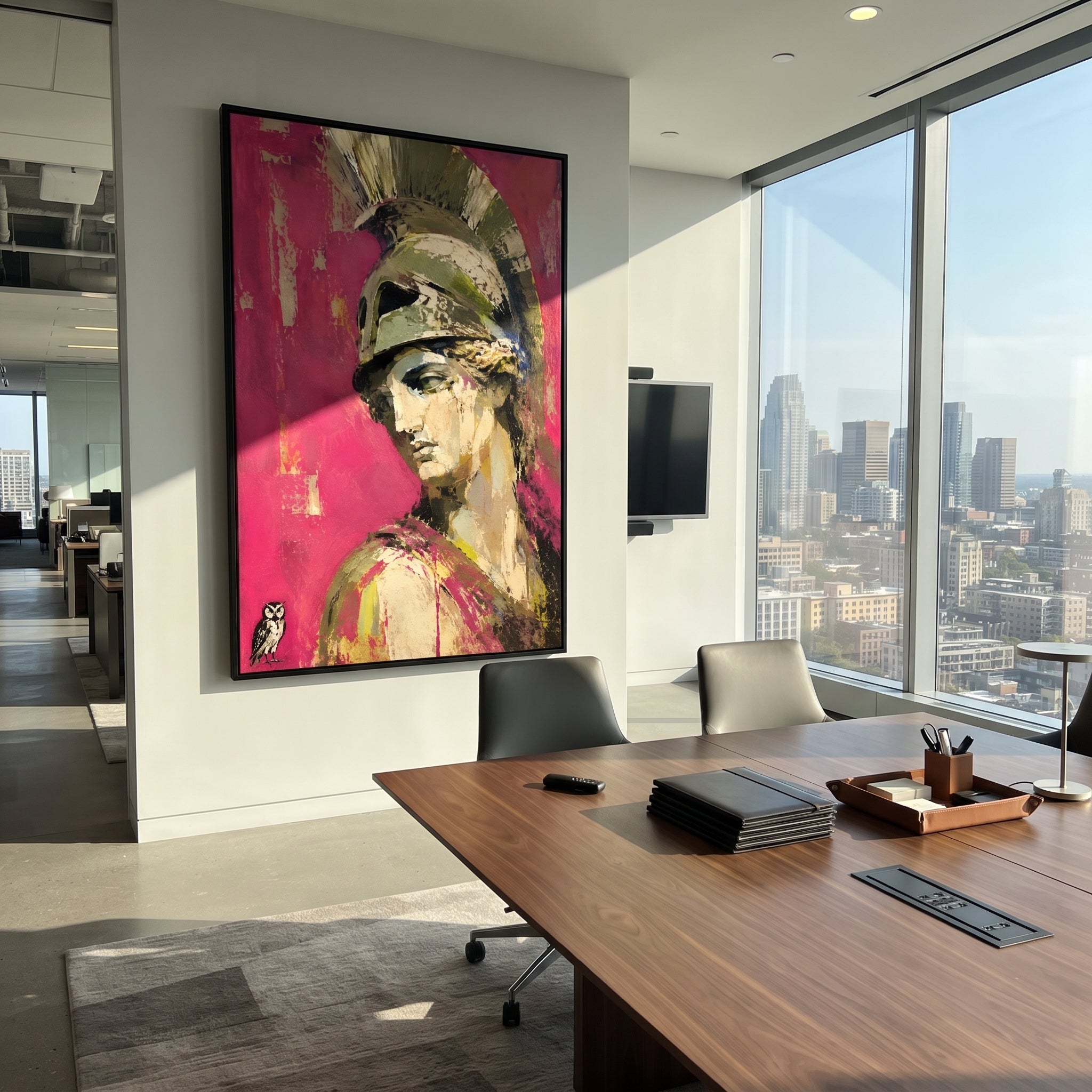 Athena turns from a bright rose field while the owl below holds the quiet intelligence of the scene. The portrait feels watchful, ceremonial, and unexpectedly intimate.
