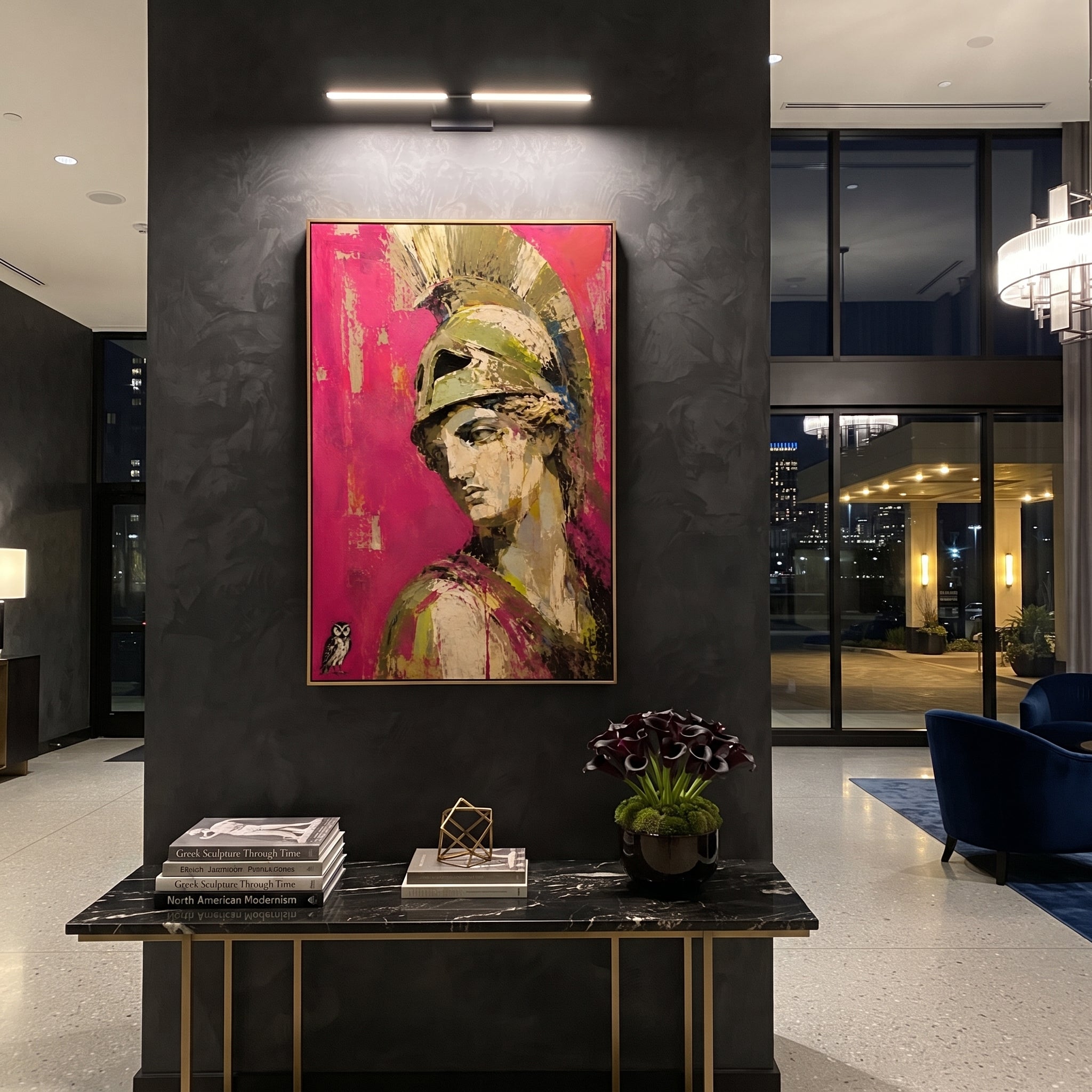 Athena turns from a bright rose field while the owl below holds the quiet intelligence of the scene. The portrait feels watchful, ceremonial, and unexpectedly intimate.