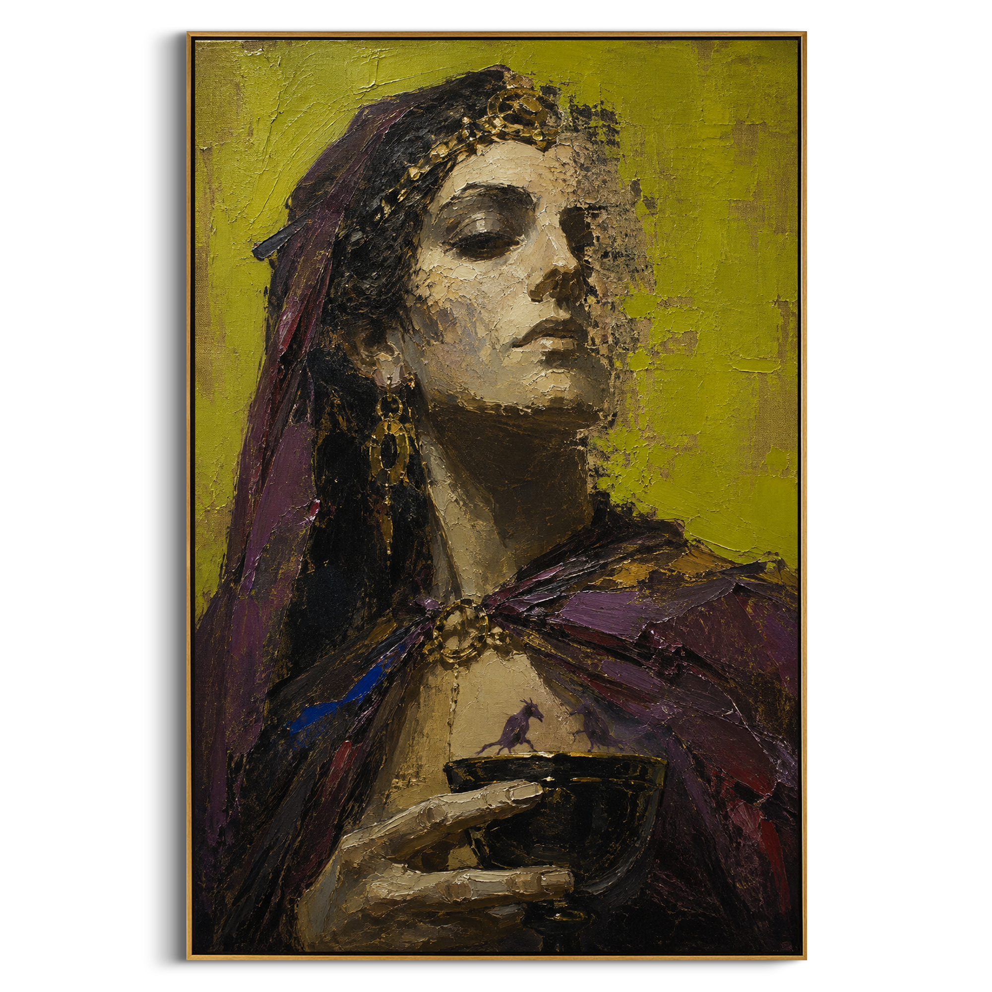 A woman lifts a dark cup where tiny horses seem to run along the rim. The strange detail turns the portrait into an oracle, carrying travel, desire, and warning in her hands.