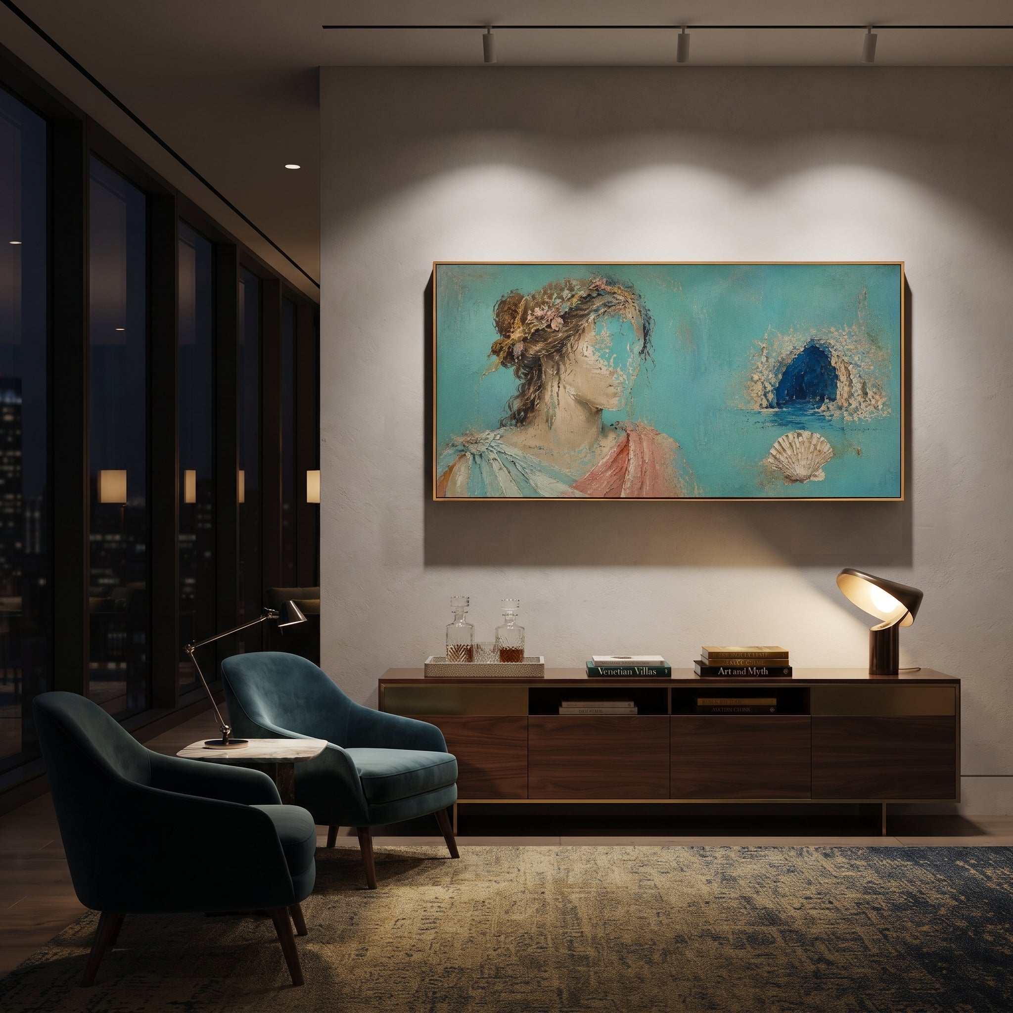A quiet figure looks toward a blue cave and a shell resting nearby. The scene feels like Calypso's island after the voice has faded, full of beauty and separation.