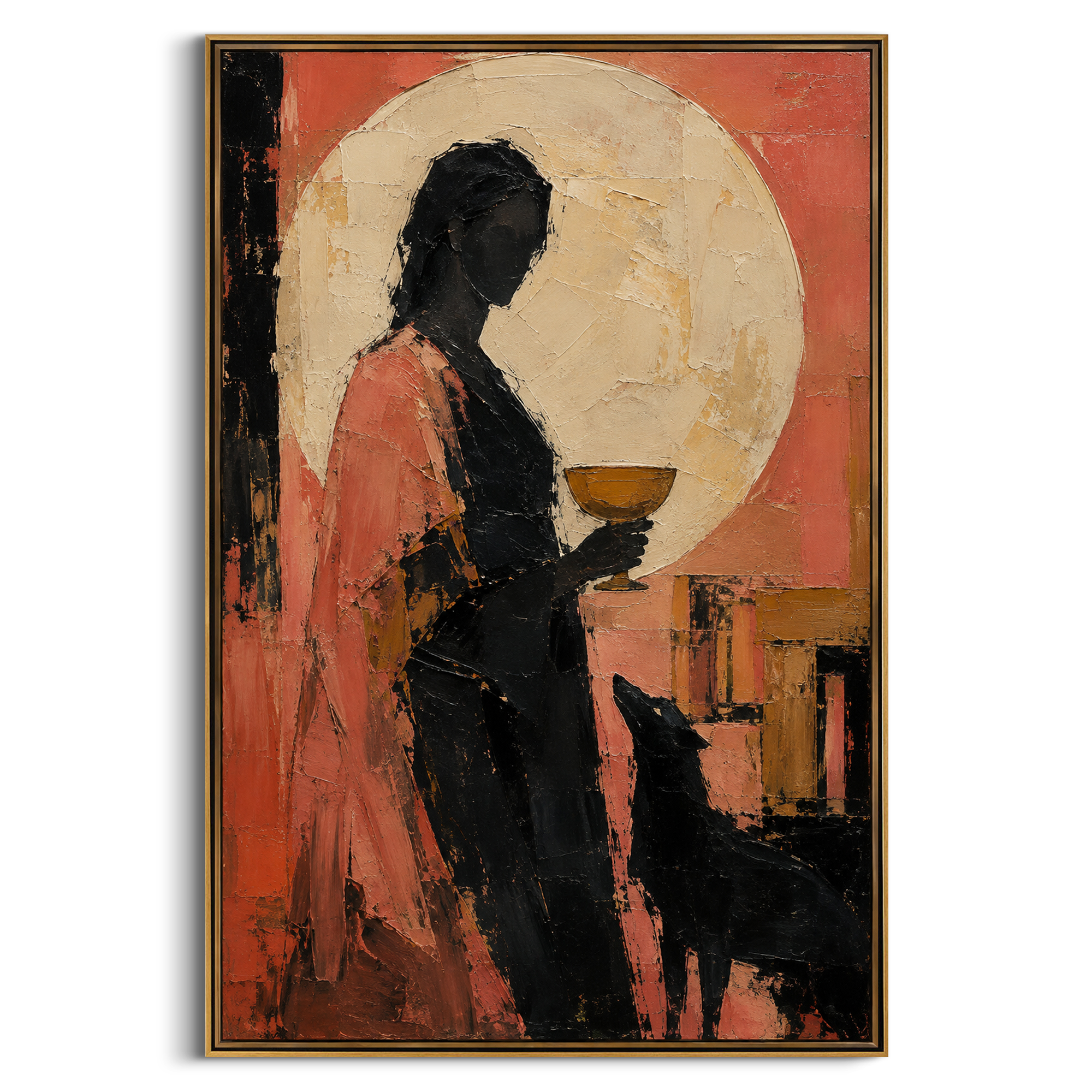 A dark figure holds a golden cup while the hound waits below. The pale moon behind her makes the offering feel suspended between longing, ritual, and the hidden world.