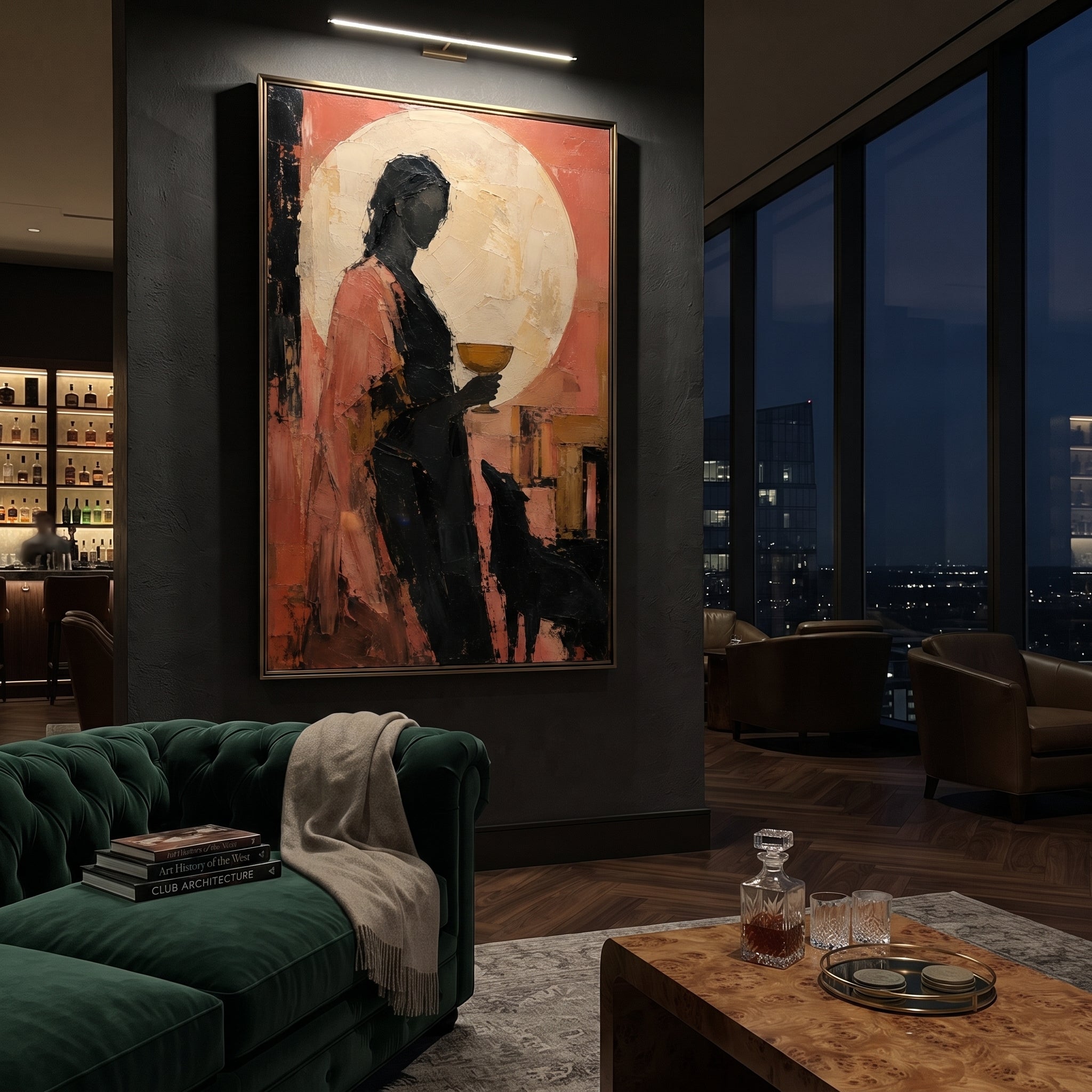 A dark figure holds a golden cup while the hound waits below. The pale moon behind her makes the offering feel suspended between longing, ritual, and the hidden world.