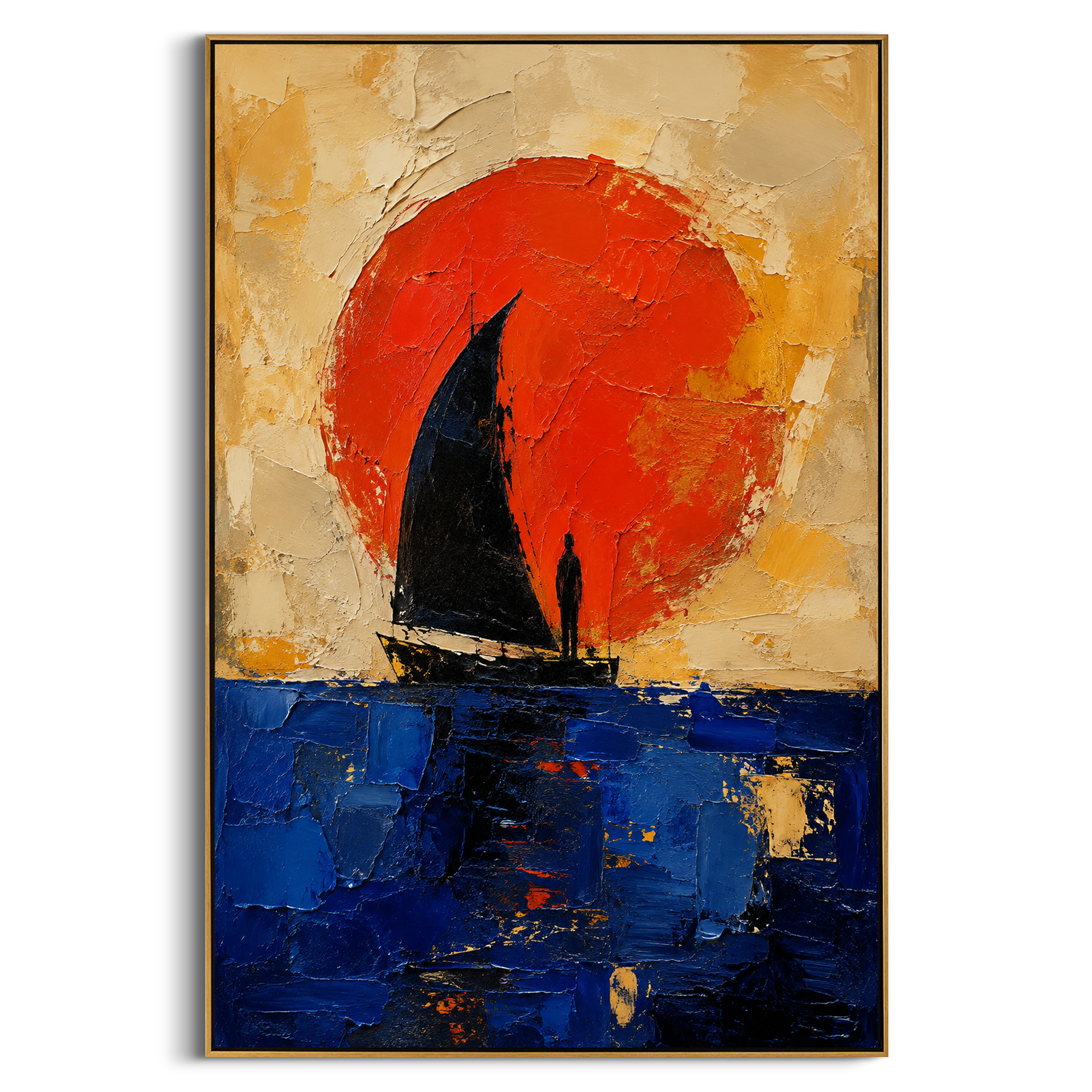 A small boat faces a vast spiral of water beside black rock. The image captures the instant before the current decides everything, both beautiful and merciless.