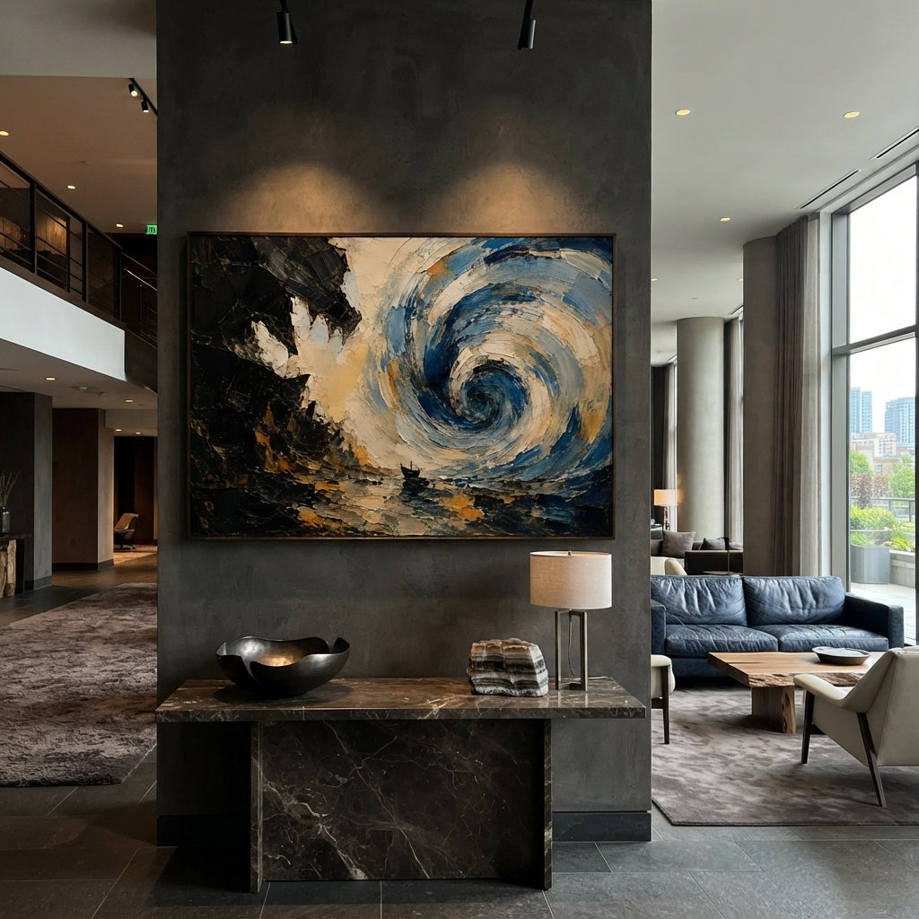 Three figures sweep around a gold sail as the sea lifts beneath them. Their motion feels like music made visible, pulling the ship toward desire and danger.