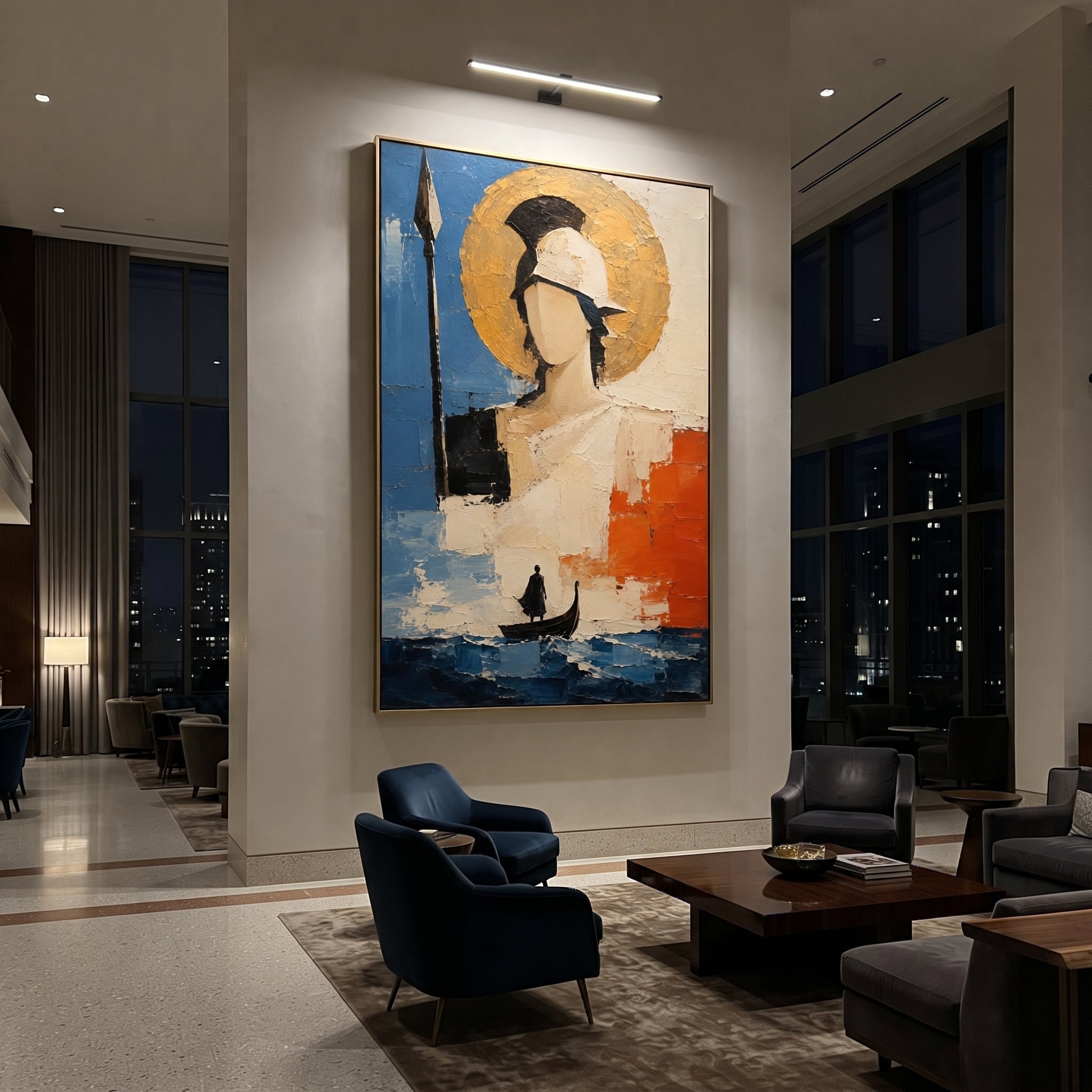 A traveler approaches a giant Athena-like figure across blue water. The small boat and towering guardian turn arrival into a sacred audience at the gate of wisdom.
