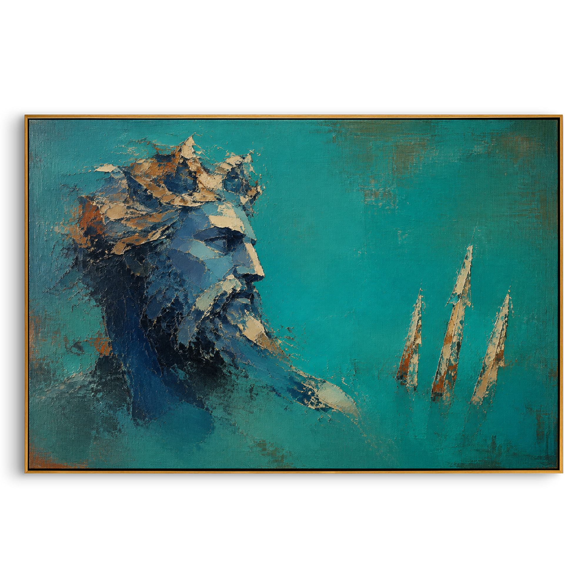 A weathered sea god watches three pale sails move across the turquoise distance. The quiet spacing makes the voyage feel watched by a power older than the ships themselves.