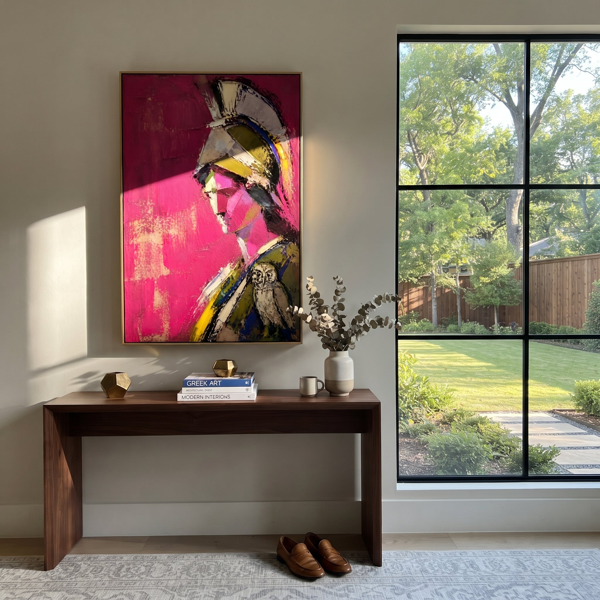 Athena appears in profile against a bright magenta field, the owl resting close like a seal of wisdom. The portrait feels sharp, private, and ceremonial.