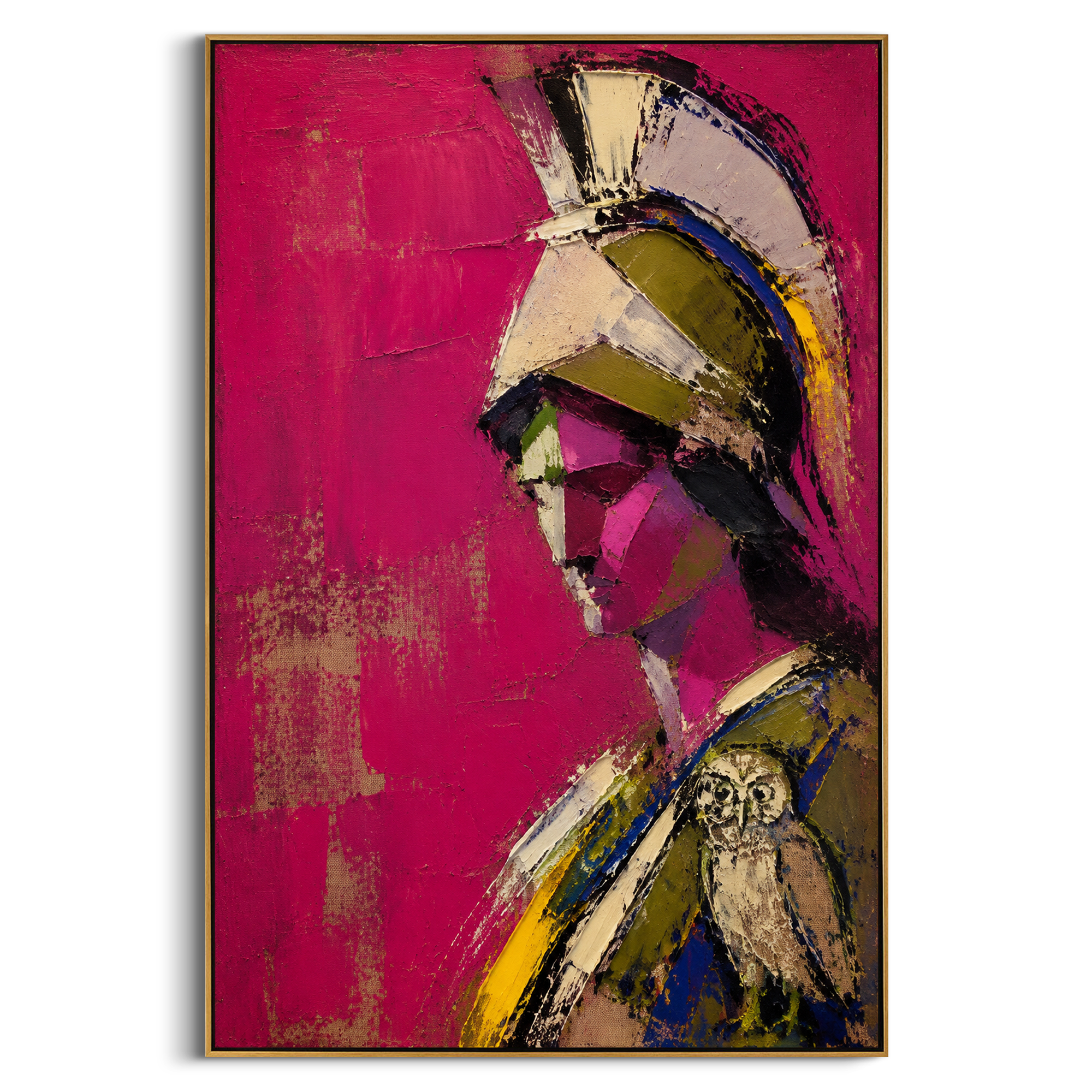Athena appears in profile against a bright magenta field, the owl resting close like a seal of wisdom. The portrait feels sharp, private, and ceremonial.