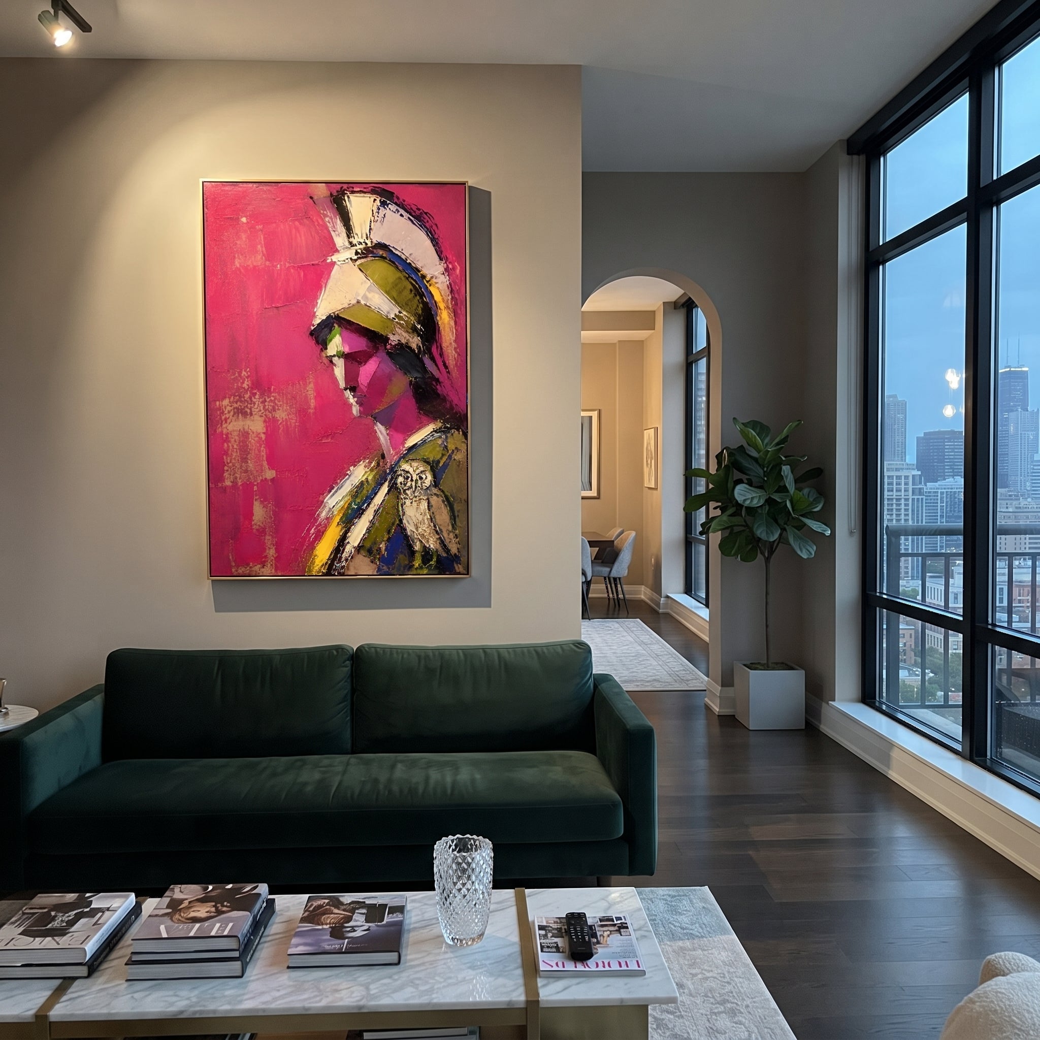 Athena appears in profile against a bright magenta field, the owl resting close like a seal of wisdom. The portrait feels sharp, private, and ceremonial.