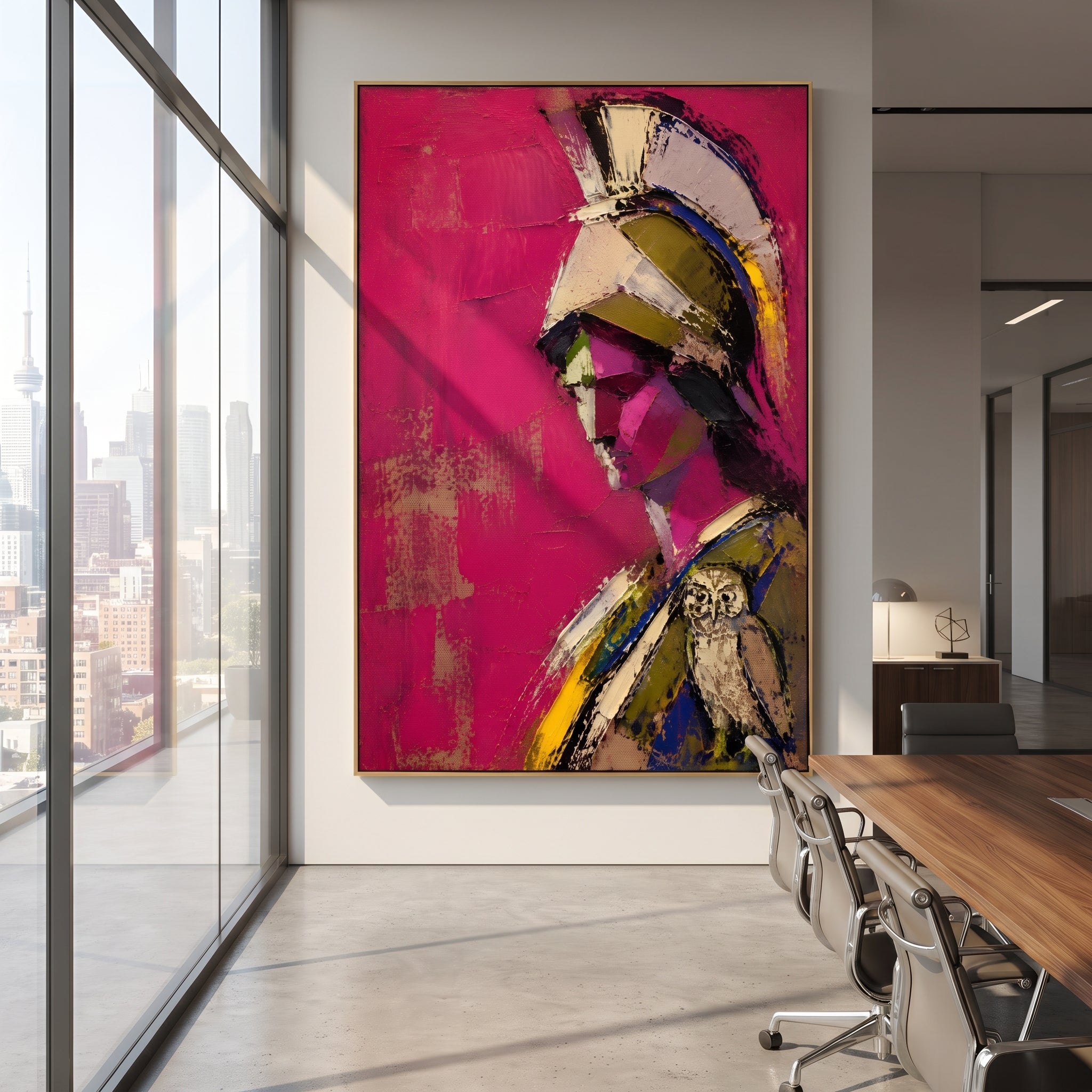 Athena appears in profile against a bright magenta field, the owl resting close like a seal of wisdom. The portrait feels sharp, private, and ceremonial.
