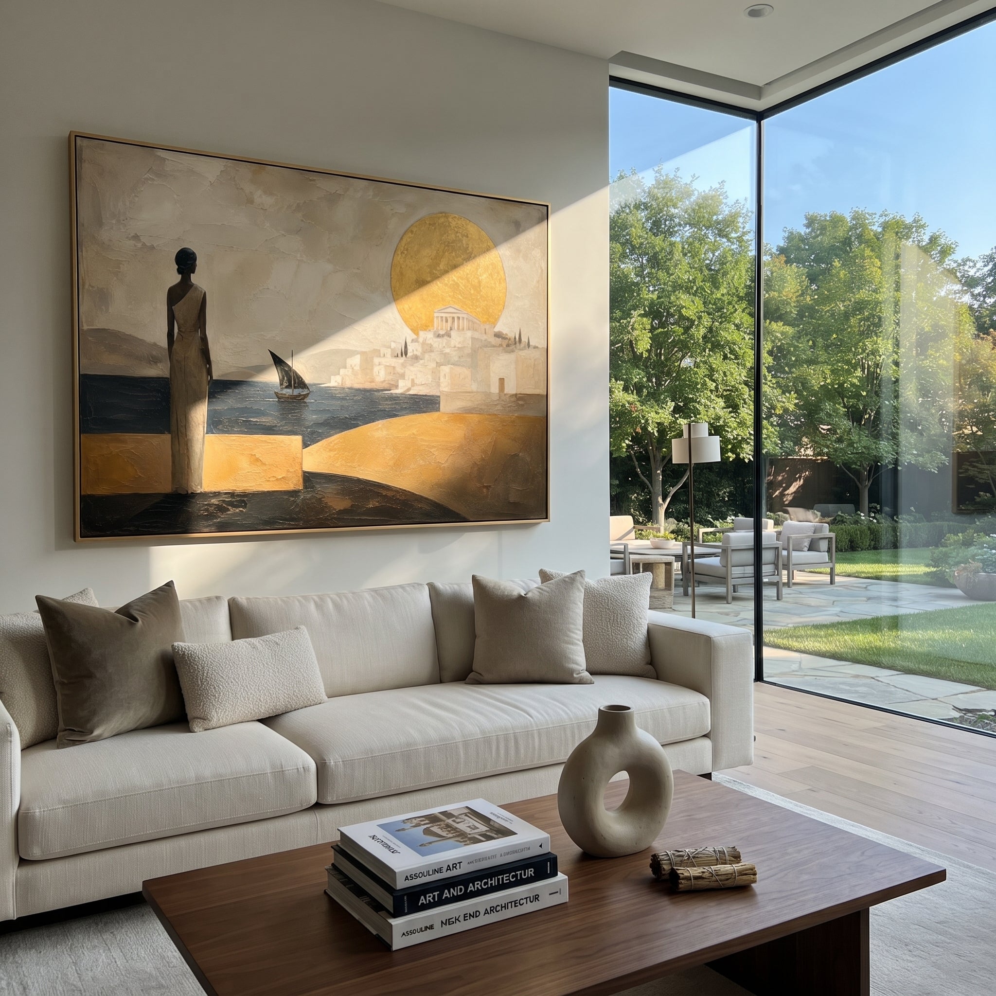 A woman stands on the shore watching a black sail before a white city and golden sun. The stillness makes the arrival feel awaited for years.