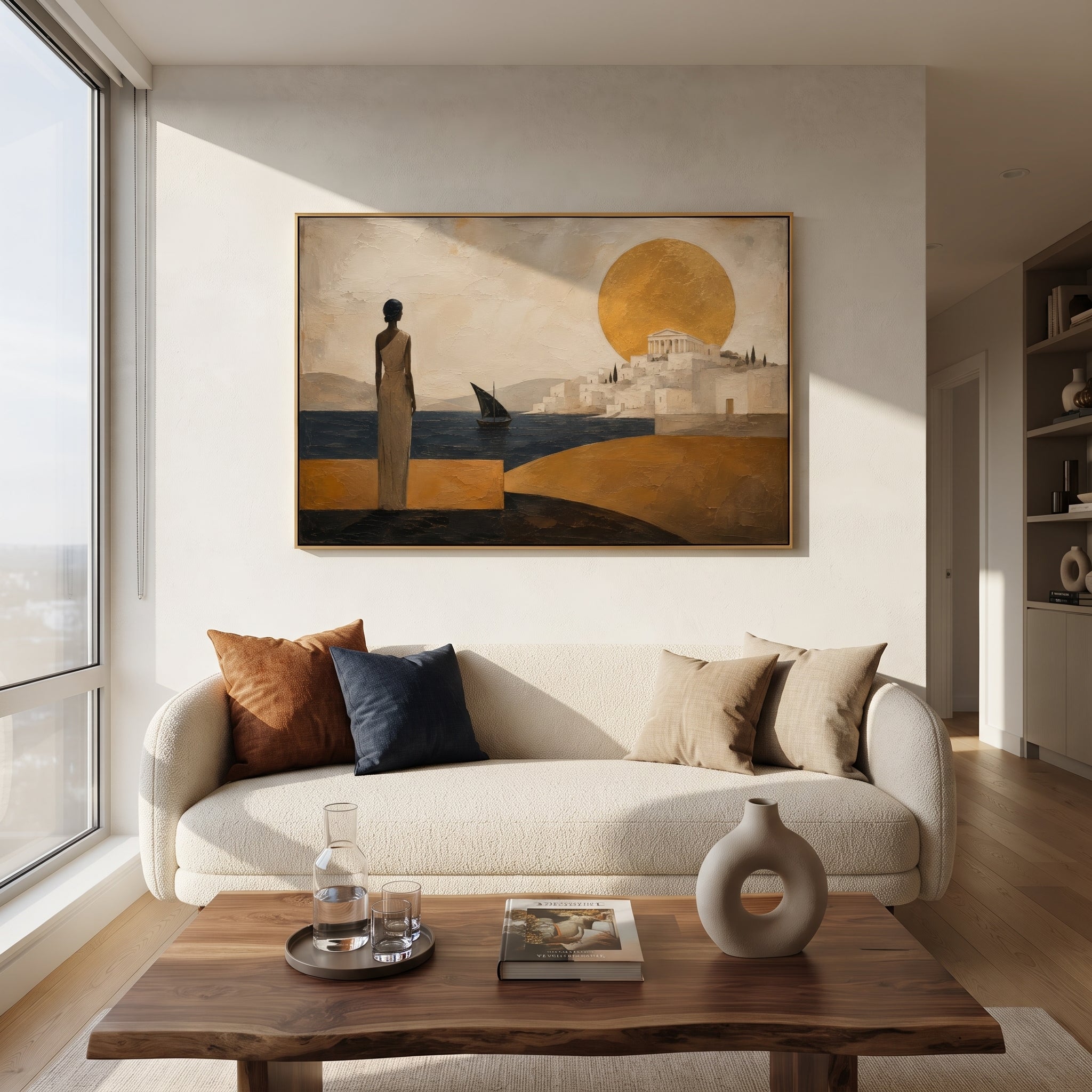 A woman stands on the shore watching a black sail before a white city and golden sun. The stillness makes the arrival feel awaited for years.