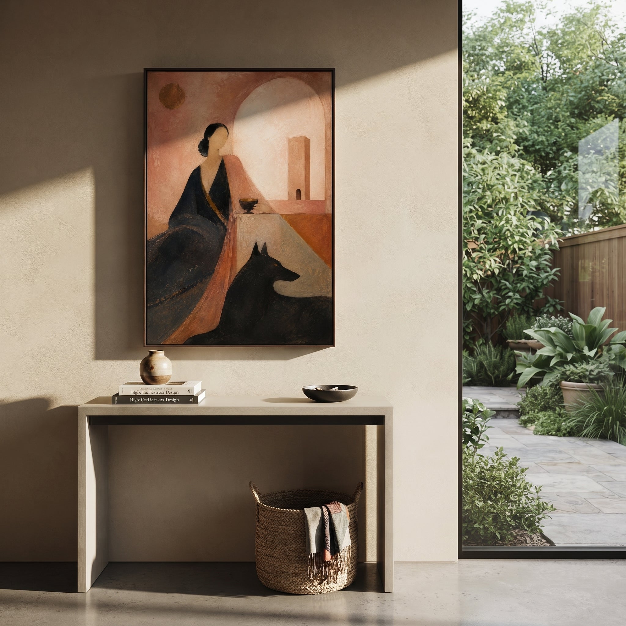 A seated figure keeps a cup beside a black hound under a soft pale arch. The room feels like an underworld chamber made tender by dust, moonlight, and waiting.