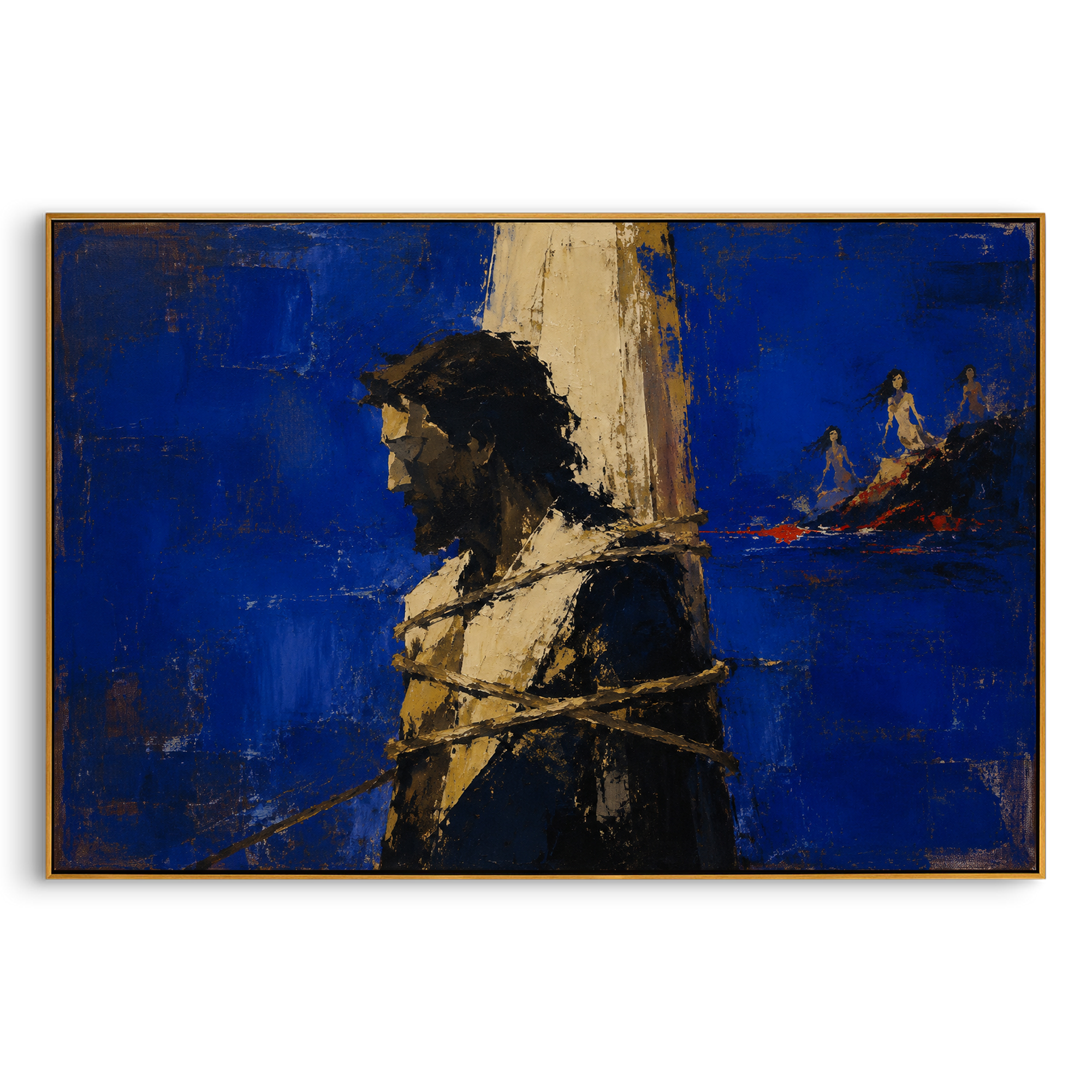 A bound mast divides the blue sea while red figures drift beyond it. The composition turns resistance into the main subject, the rope becoming the hero of the story.