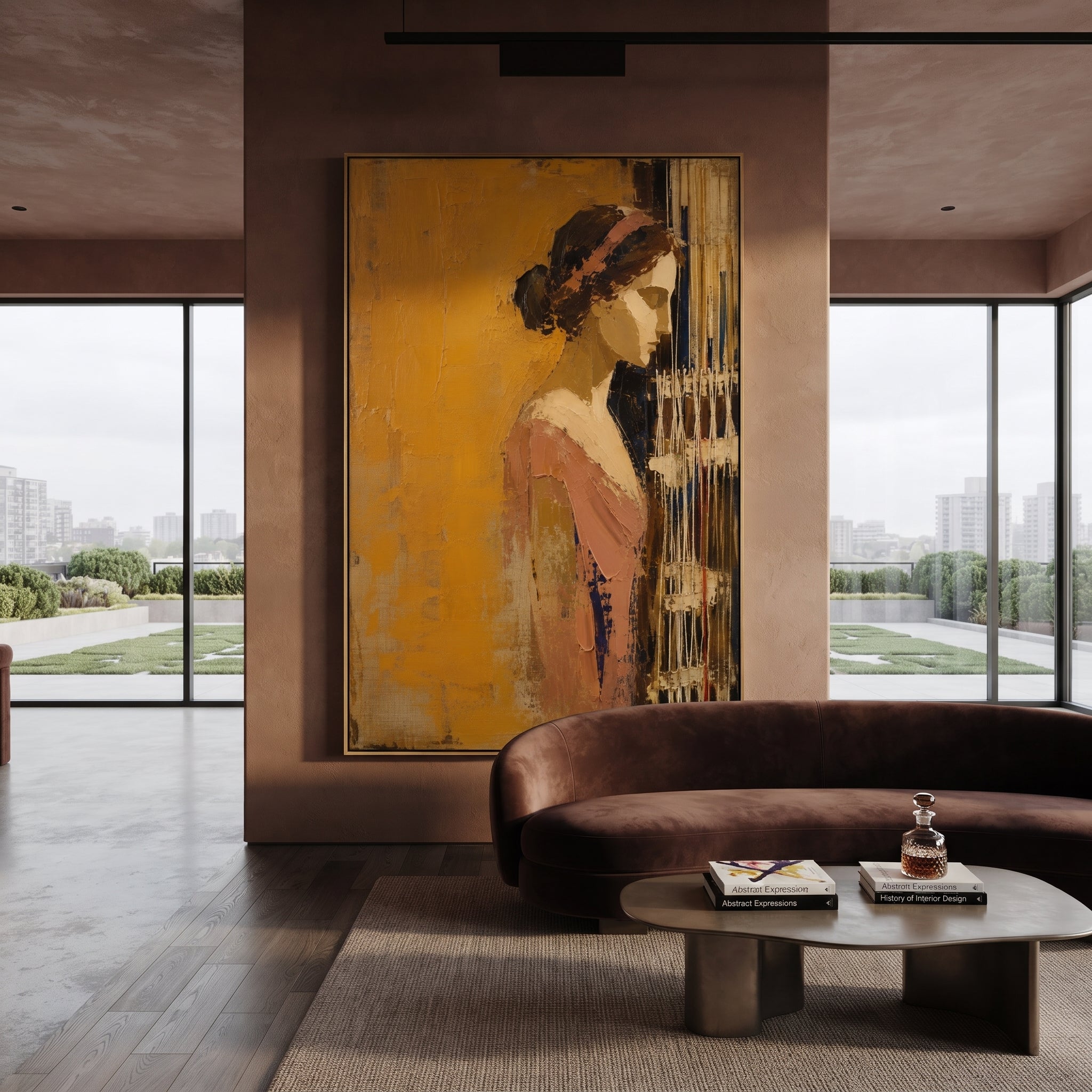 A woman stands beside the loom as if every thread is holding time in place. The gold wall and rose garment turn Penelope's waiting into a quiet act of strength.
